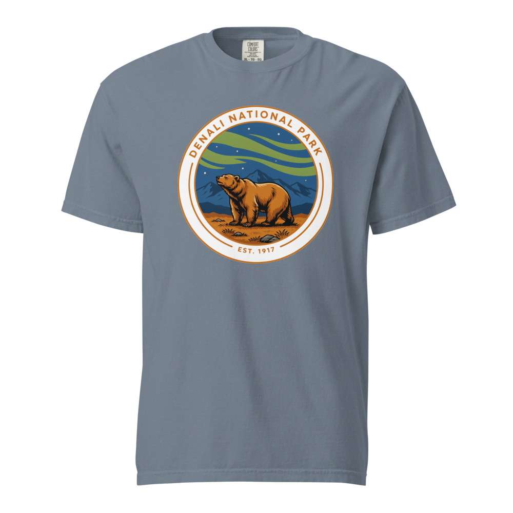 Denali National Park vintage badge t-shirt in Blue Jean, front view