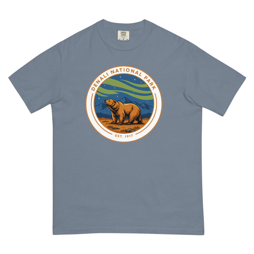 Denali National Park vintage badge t-shirt in Blue Jean, flat lay