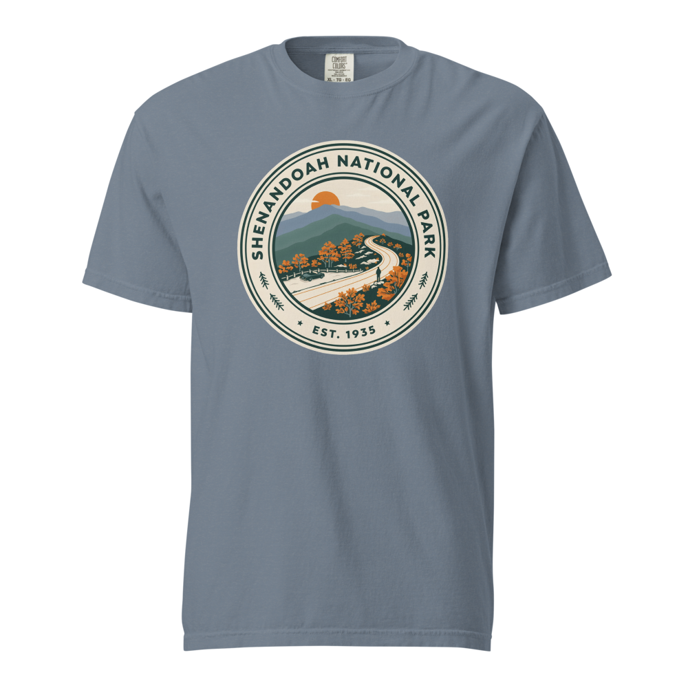 Shenandoah National Park vintage badge t-shirt in Blue Jean, front view