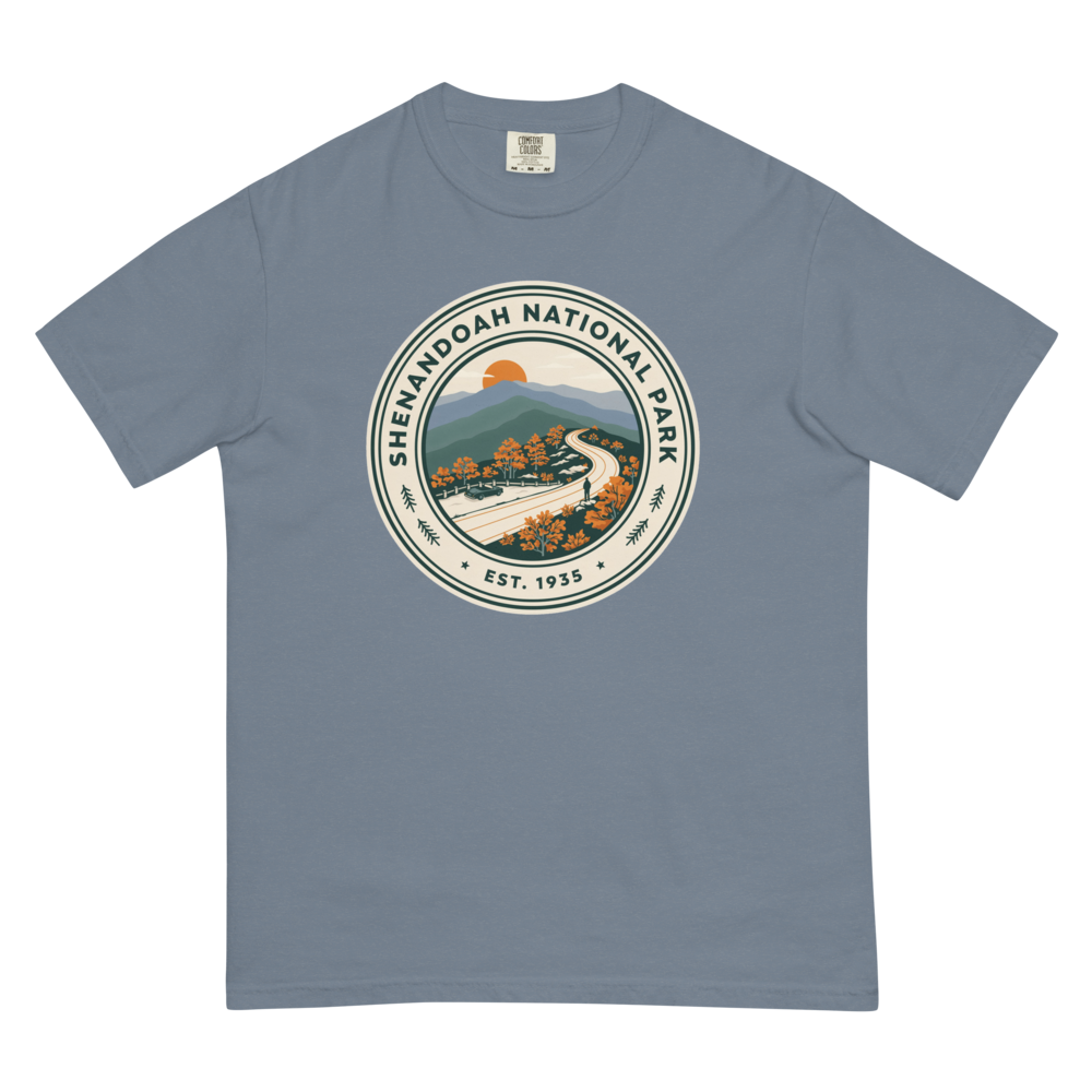 Shenandoah National Park vintage badge t-shirt in Blue Jean, flat lay