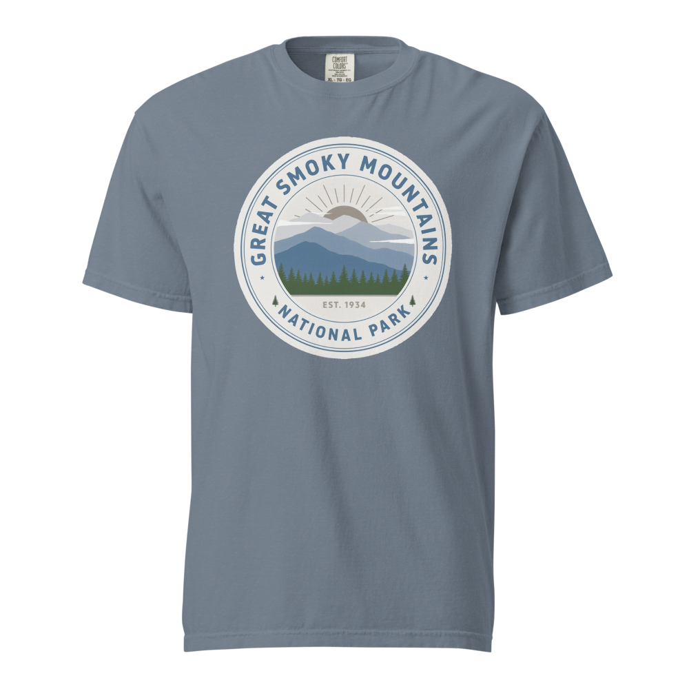 Great Smoky Mountains National Park vintage badge t-shirt in Blue Jean, front view