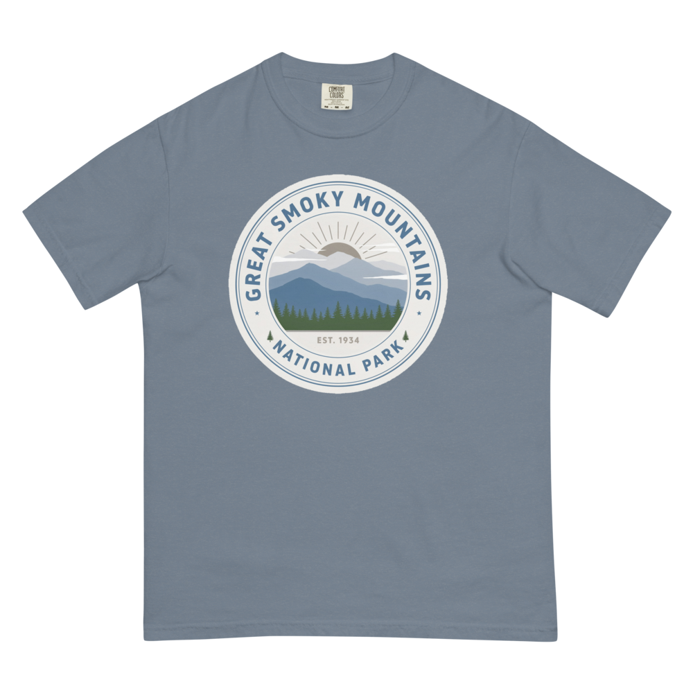 Great Smoky Mountains National Park vintage badge t-shirt in Blue Jean, flat lay
