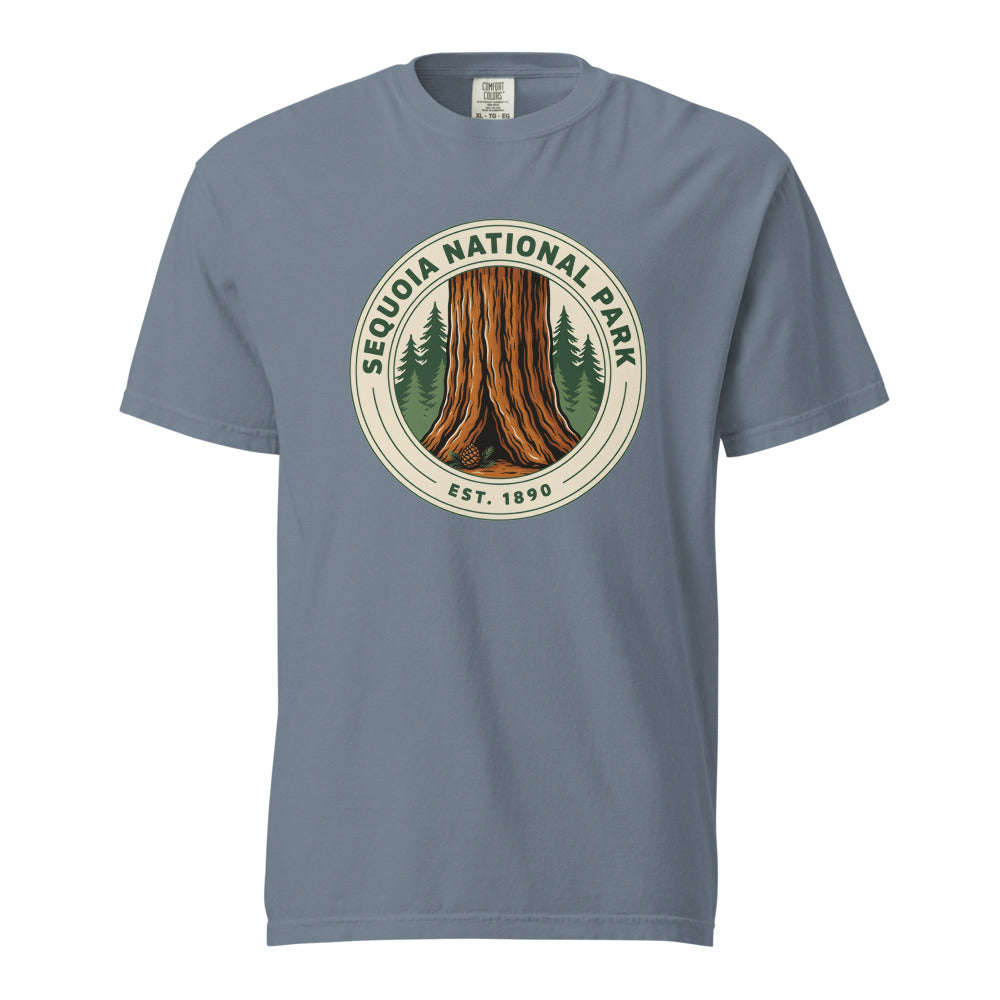 Sequoia National Park vintage badge t-shirt in Blue Jean, front view
