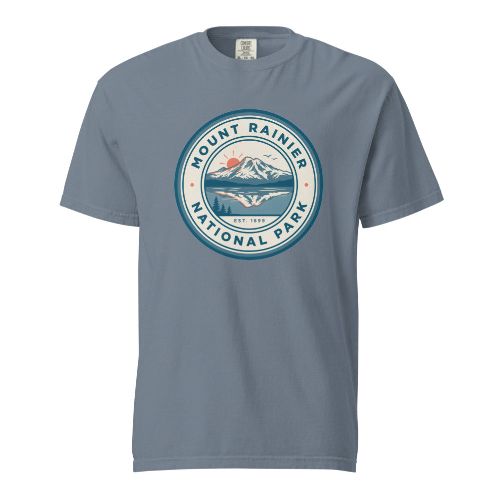 Mount Rainier National Park vintage badge t-shirt in Blue Jean, front view
