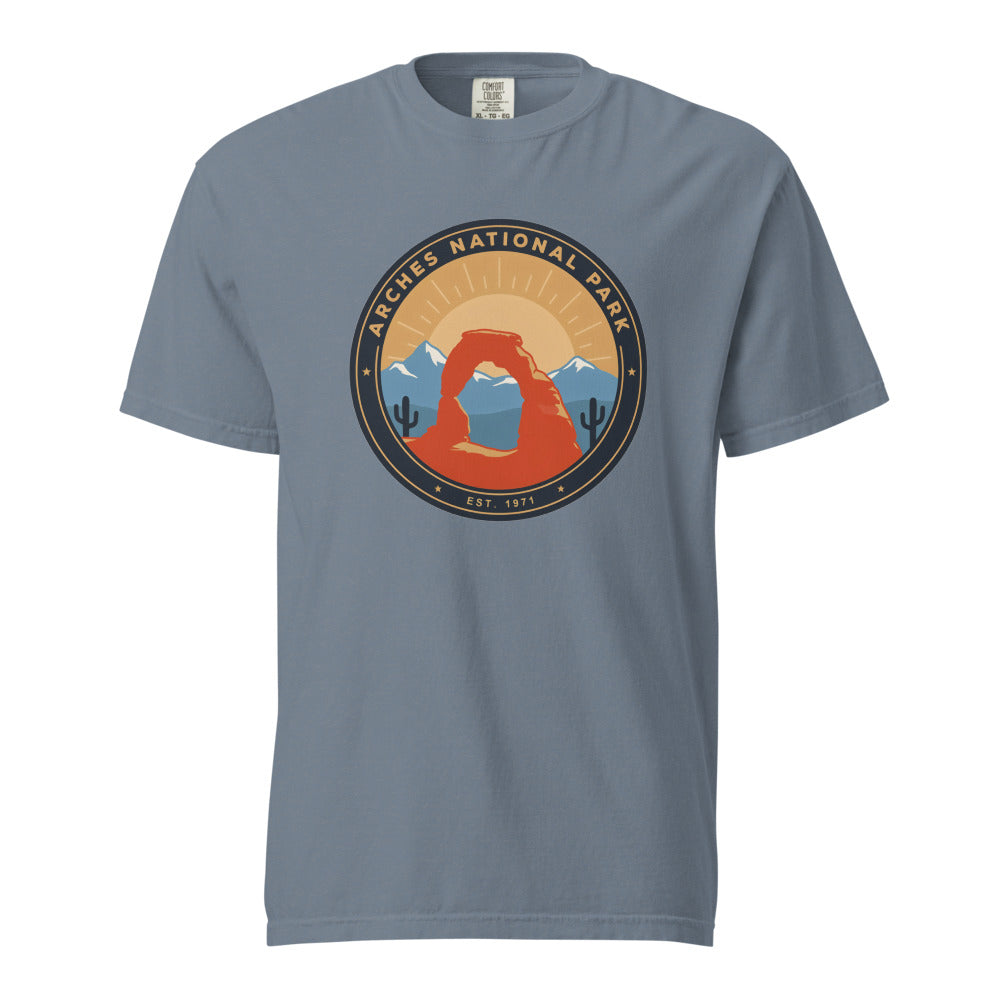 Arches National Park vintage badge t-shirt in Blue Jean, front view