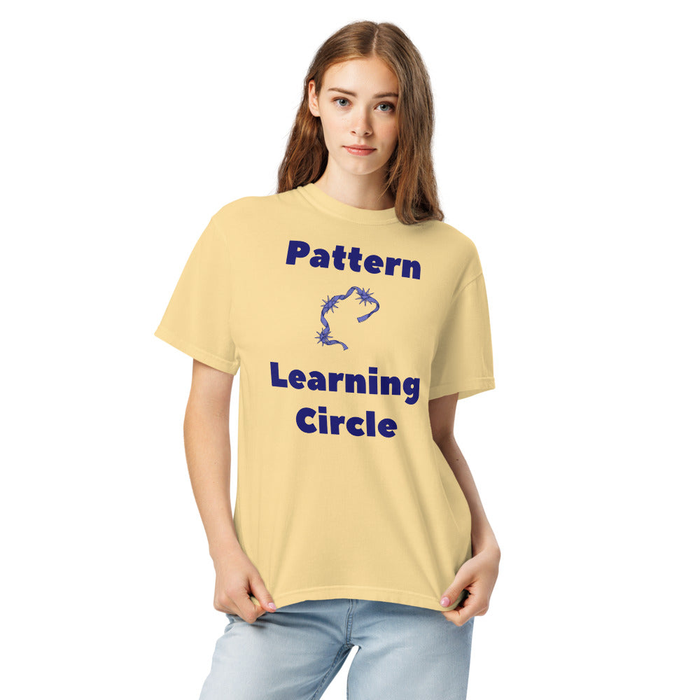Woman wearing the Butter Pattern Learning Circle constellation shirt, front view
