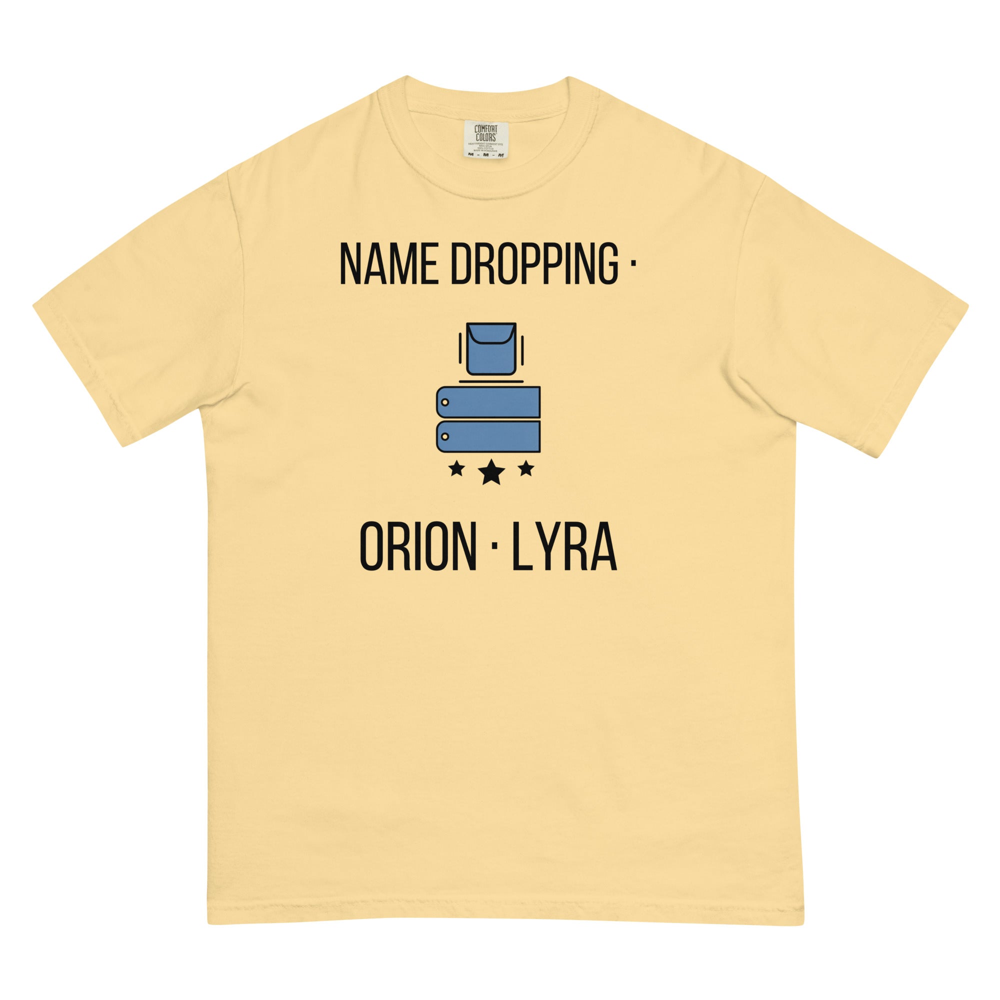Butter Name Dropping orion constellation tee laid flat, front view showing the full print