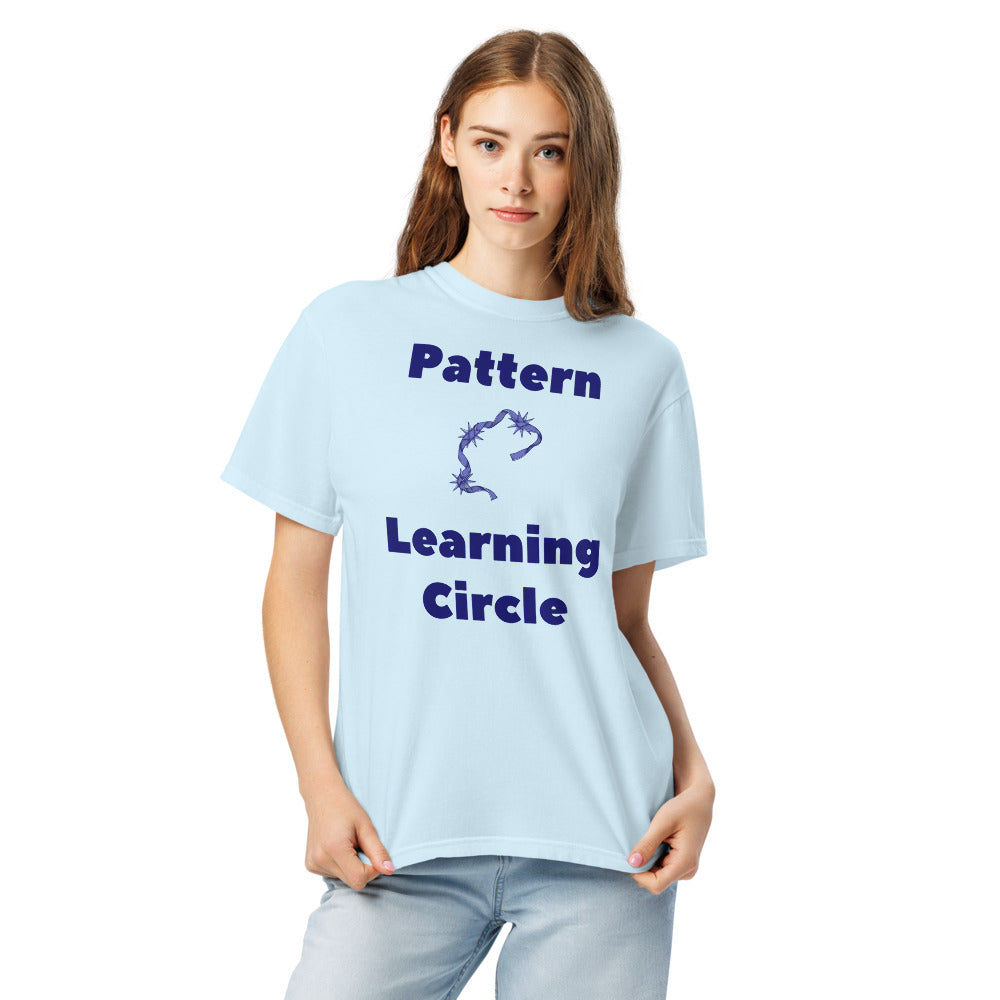 Woman wearing the Chambray Pattern Learning Circle constellation shirt, front view