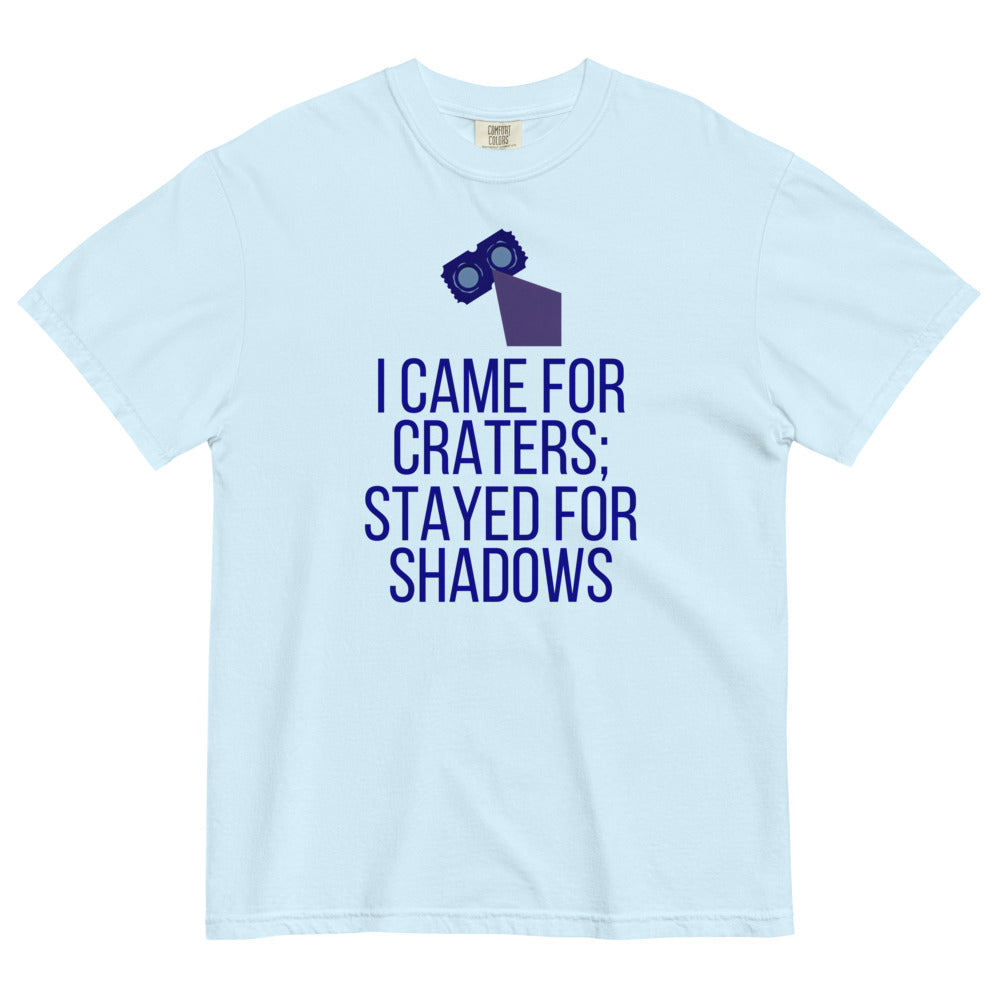 Chambray Came for Craters, Stayed for Shadows tee laid flat, front view showing the full print