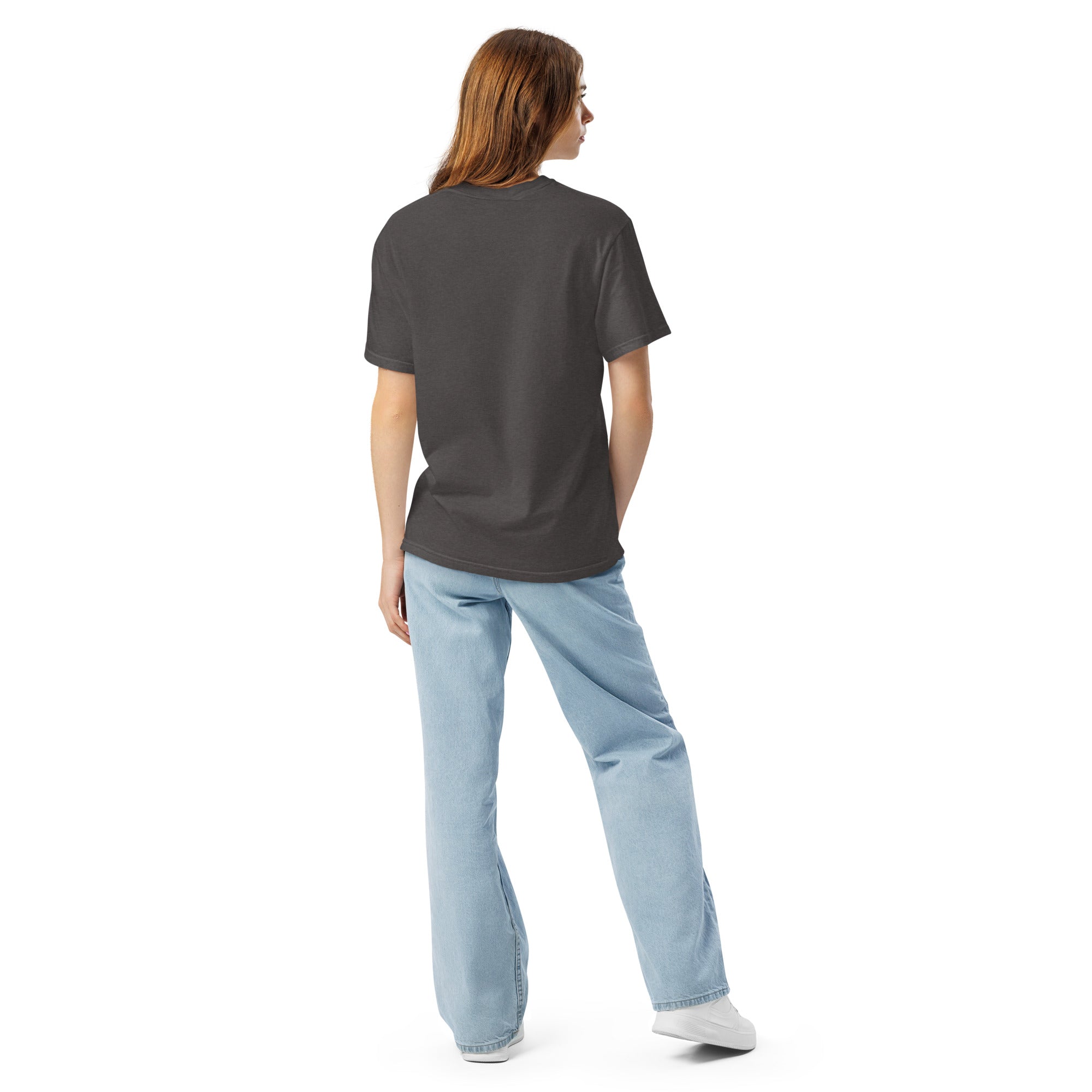 Back view of a woman in the Graphite Filter My Feed nebula shirt, showing the plain back