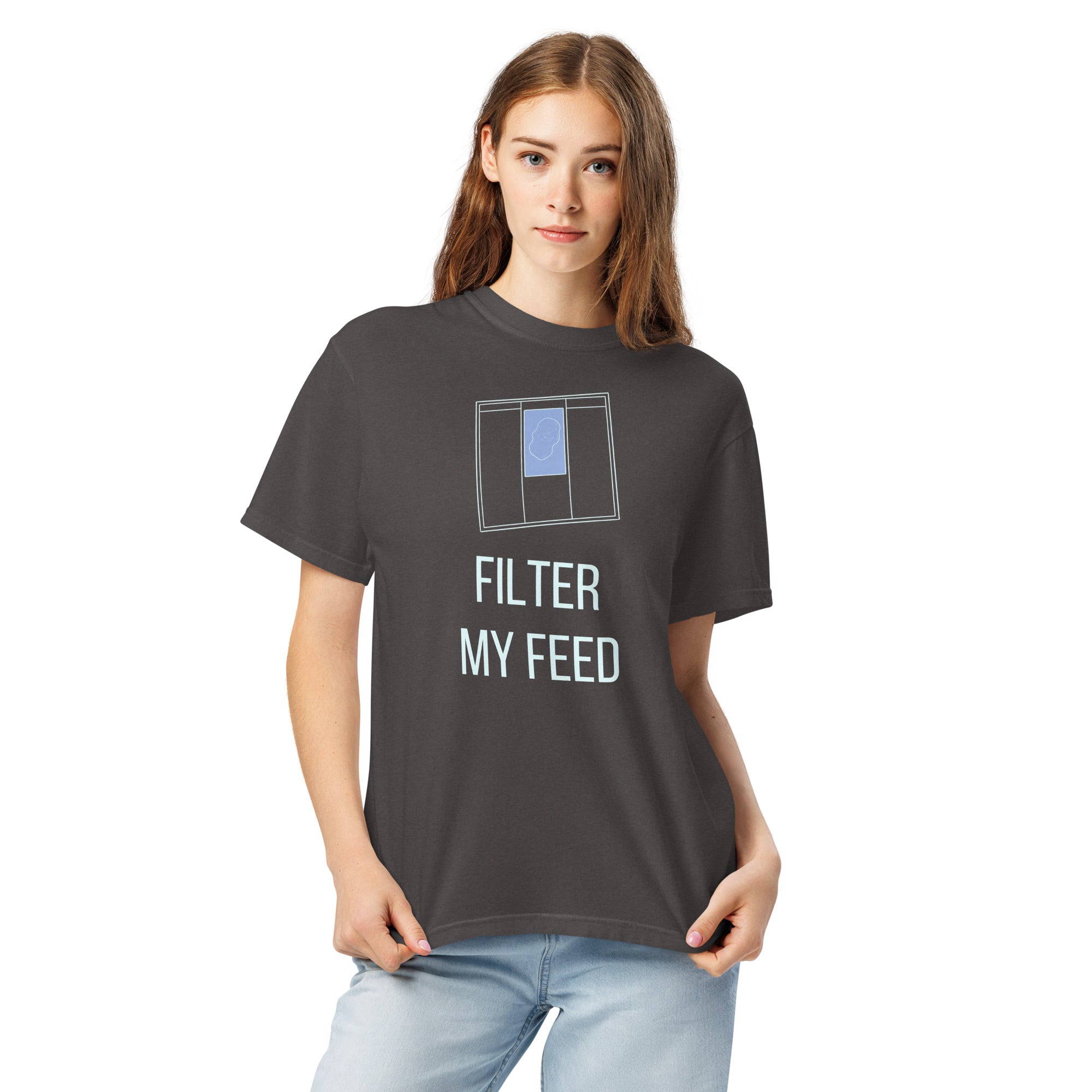 Woman wearing the Graphite Filter My Feed nebula shirt, front close-up with the filter frame and lettering fully visible