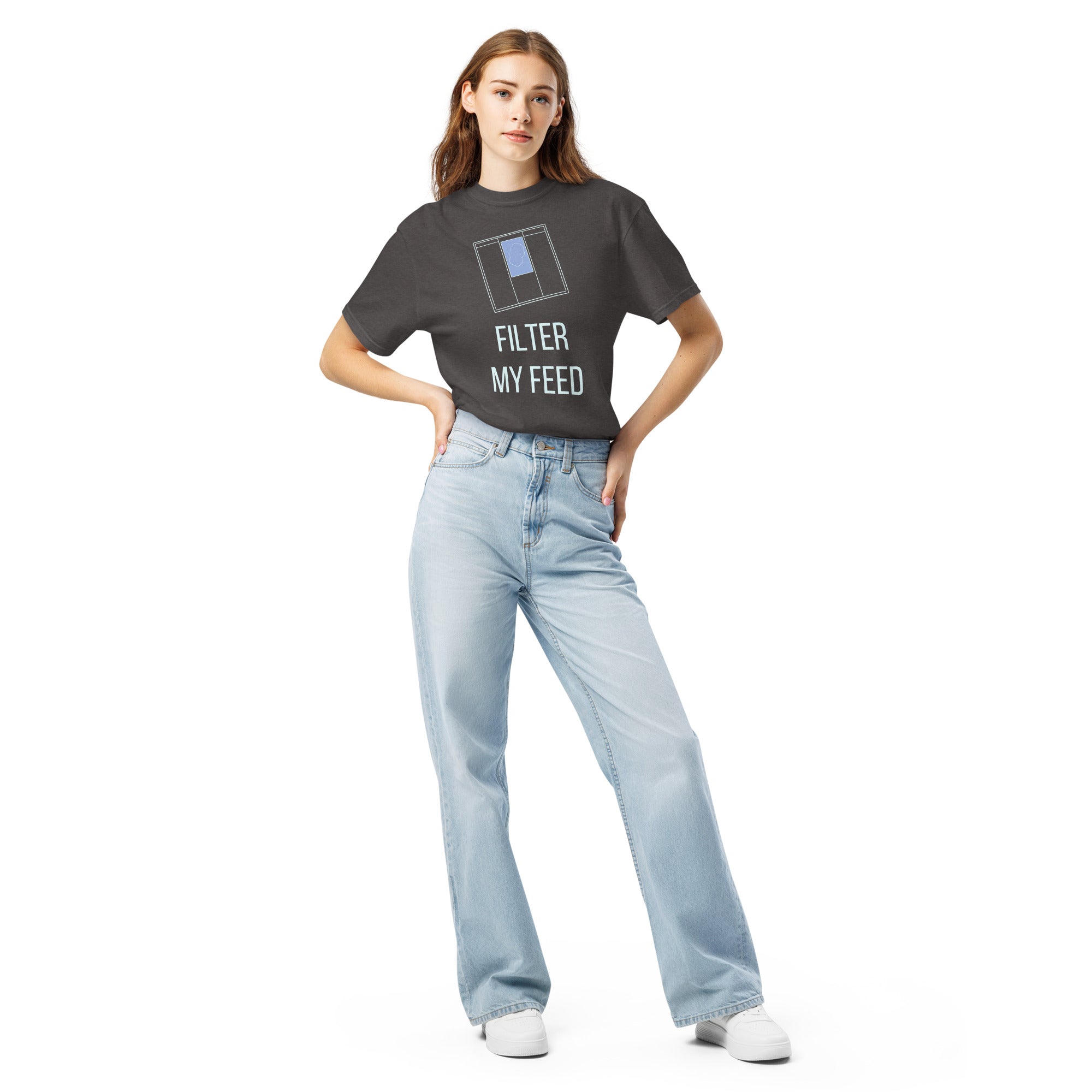 Full-length front view of a woman in the Graphite Filter My Feed nebula shirt with light jeans