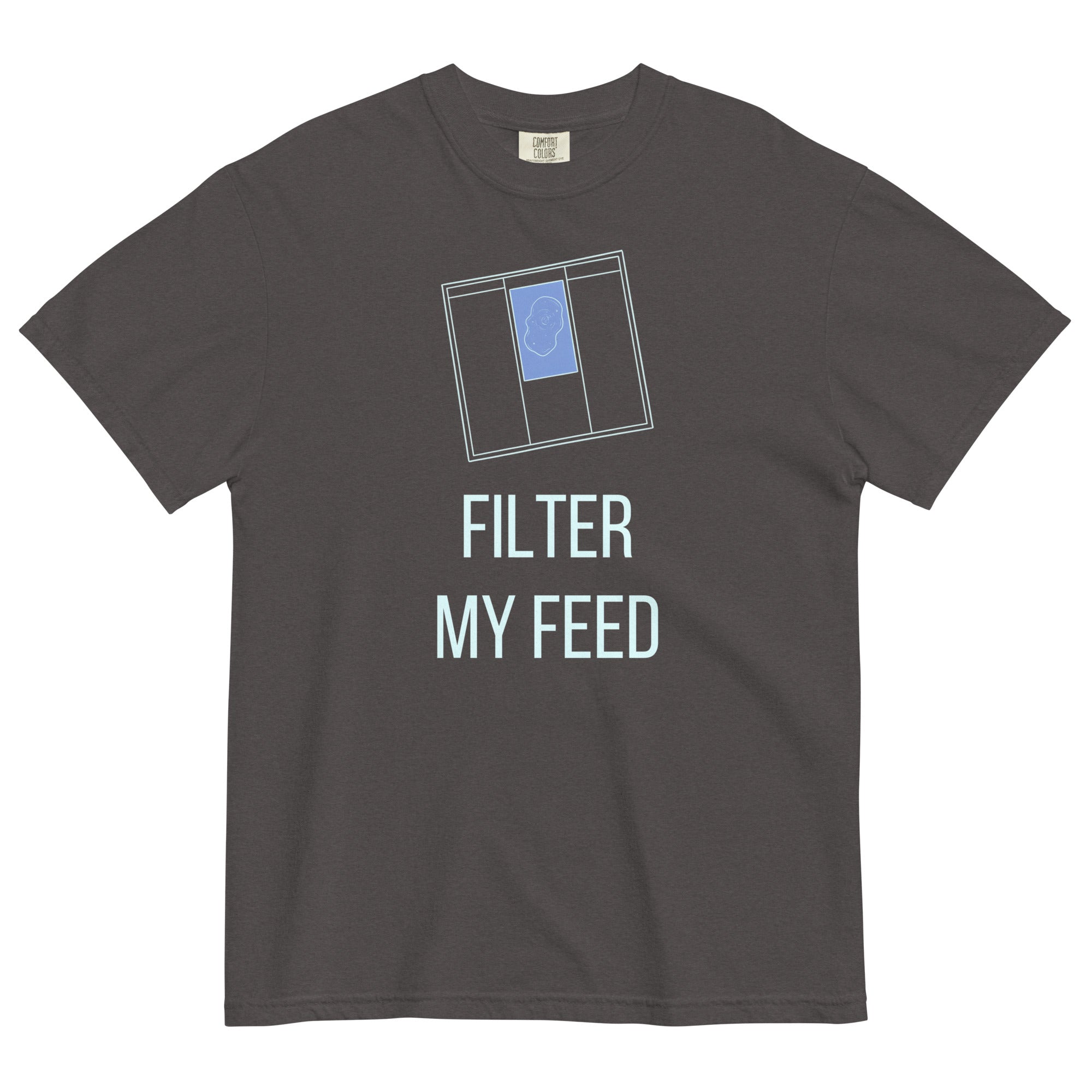 Graphite Filter My Feed nebula tee laid flat, front view showing the full print