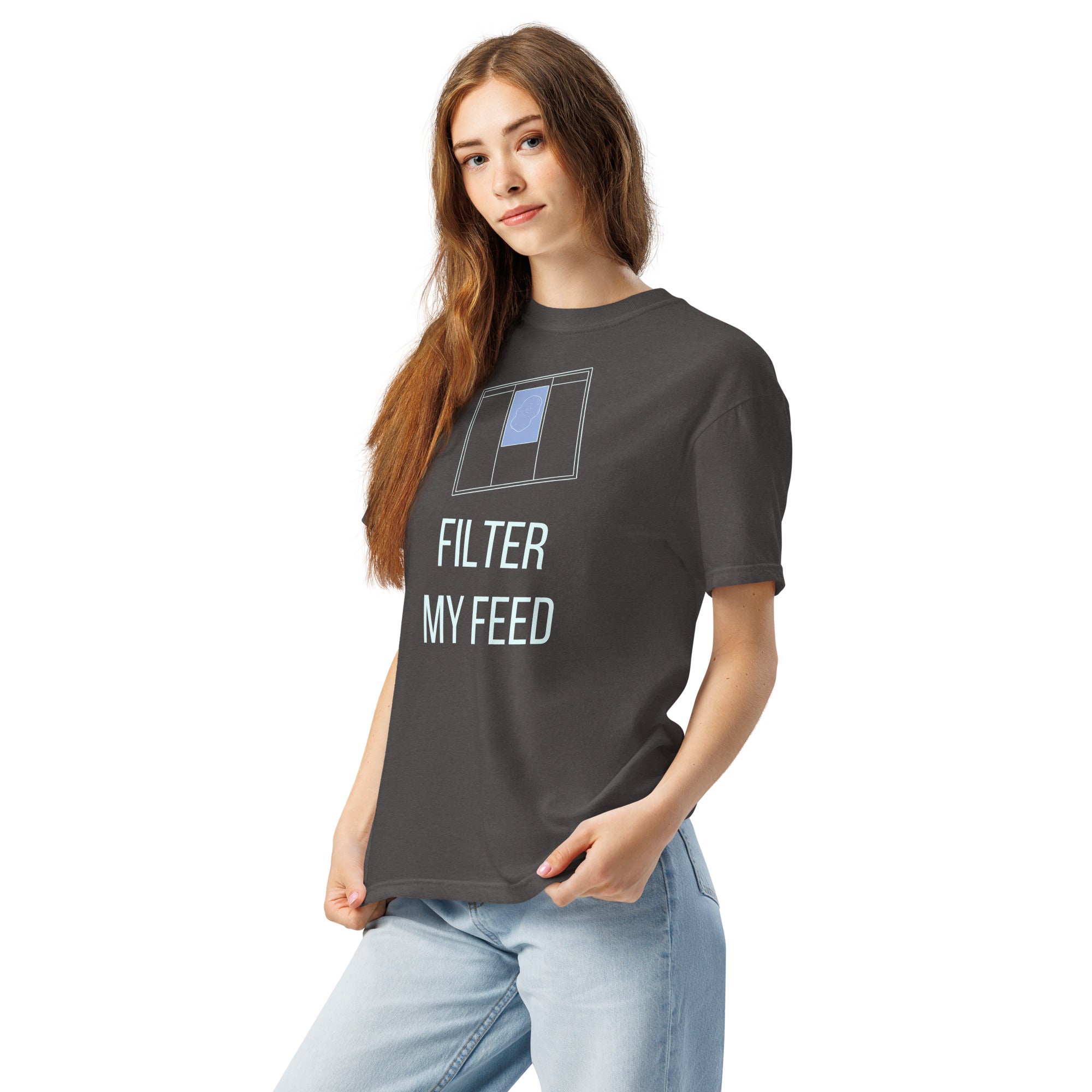 Angled front view of a woman in the Graphite Filter My Feed nebula shirt