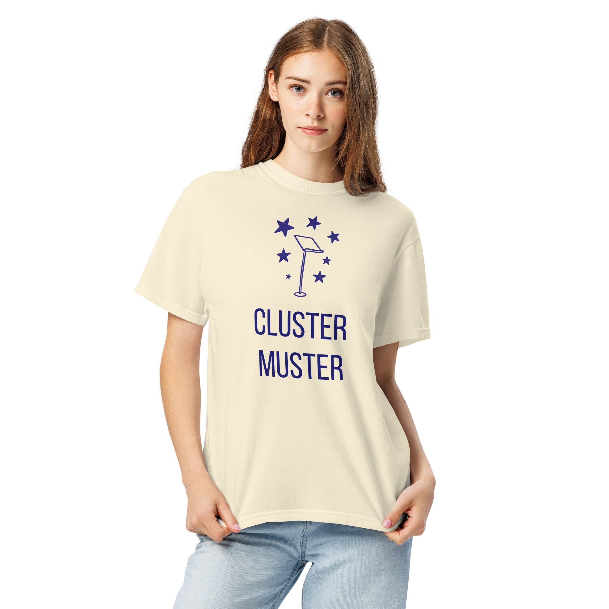 Woman wearing the Ivory Cluster Muster star cluster shirt, front close-up with the stars, music stand and lettering fully visible