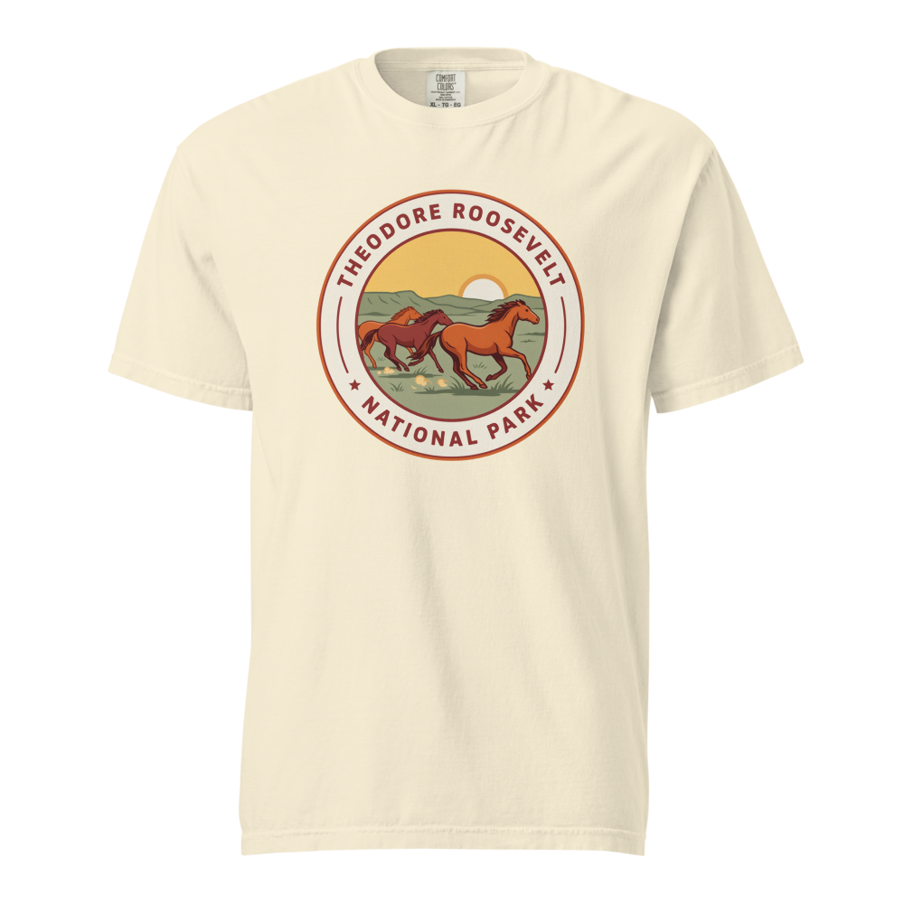 Theodore Roosevelt National Park vintage badge t-shirt in Ivory, front view