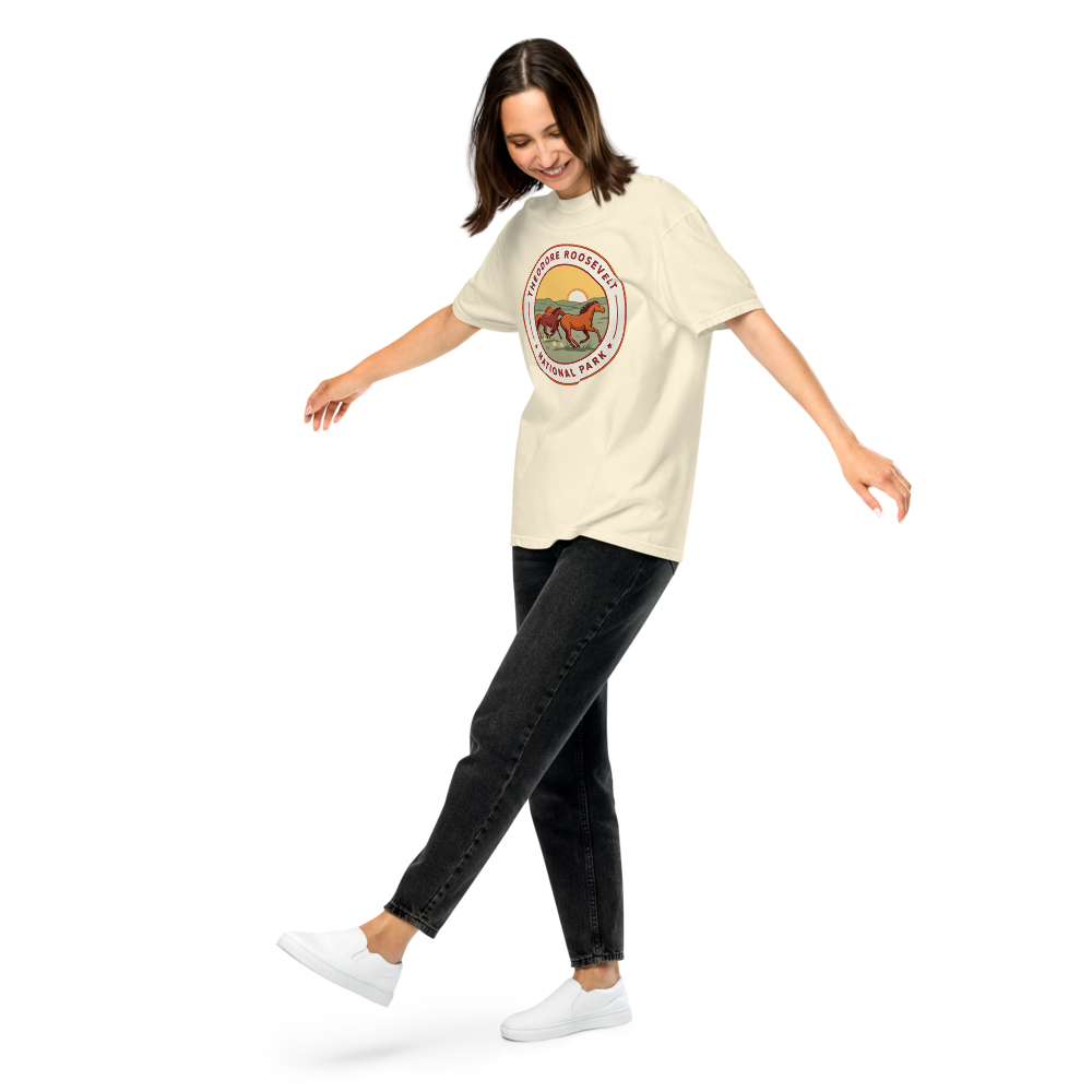 Theodore Roosevelt National Park vintage badge t-shirt in Ivory worn by a model, front view