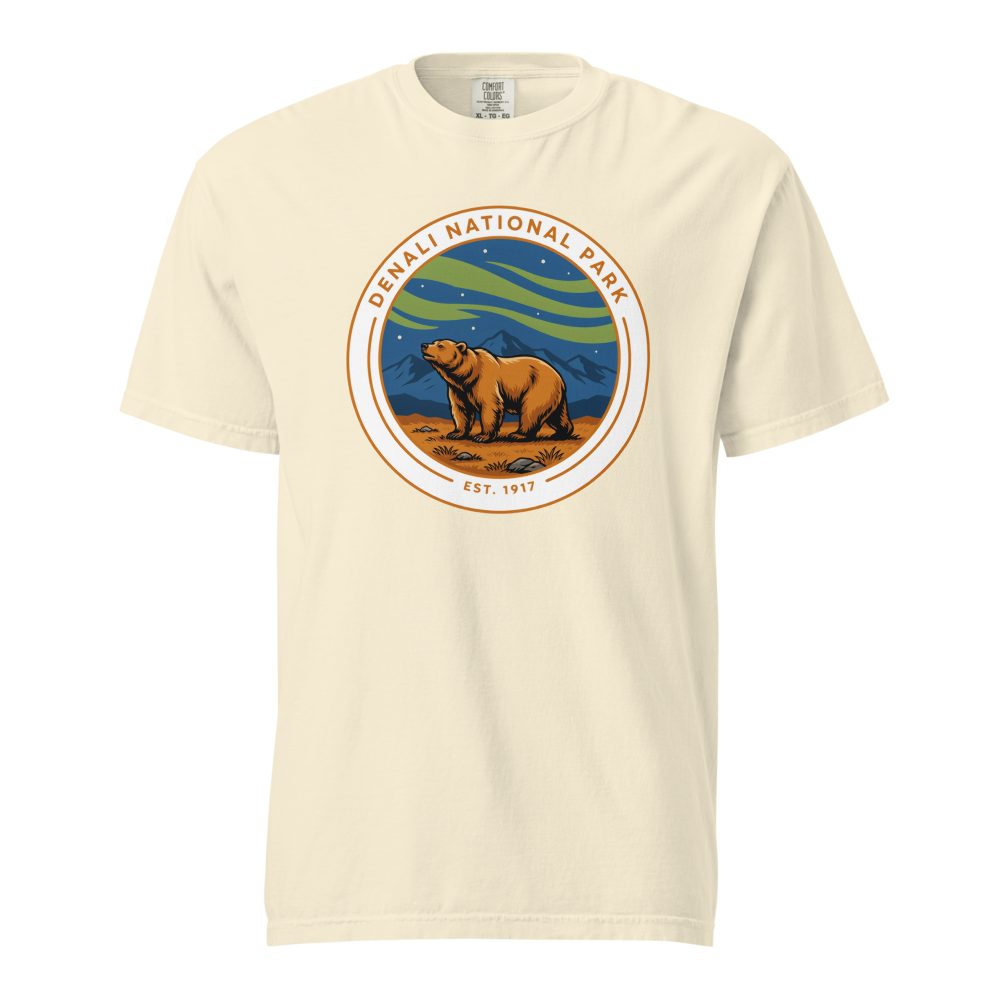Denali National Park vintage badge t-shirt in Ivory, front view