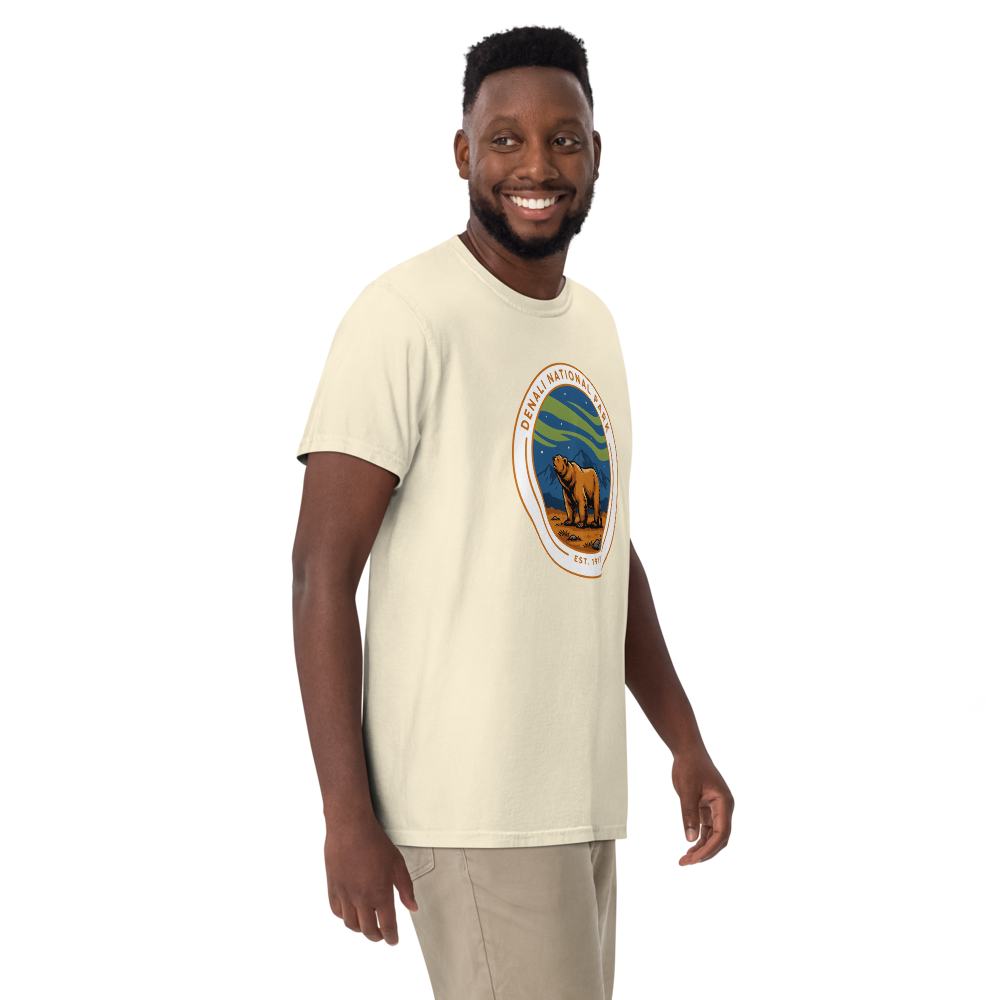 Denali National Park vintage badge t-shirt in Ivory worn by a model, front view