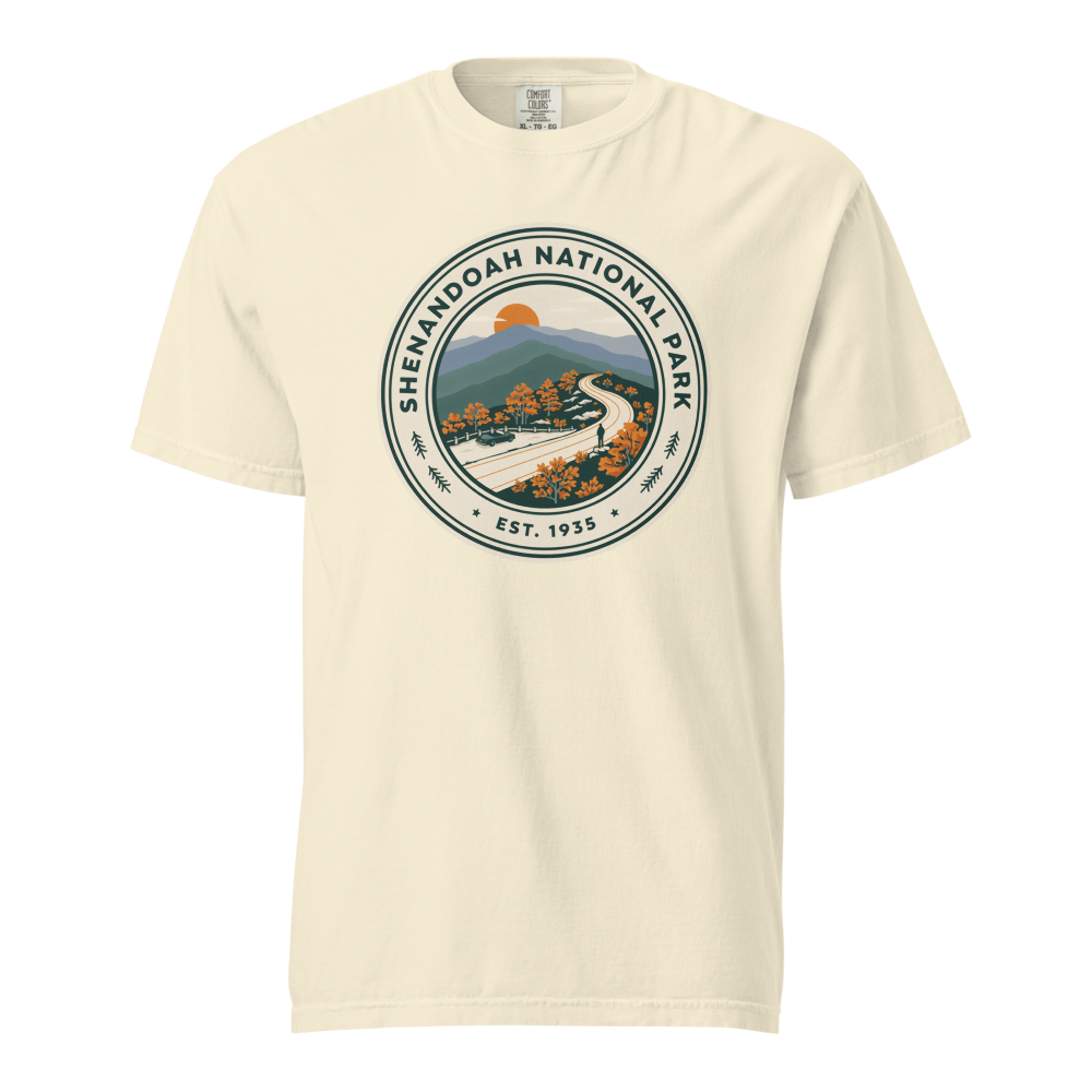 Shenandoah National Park vintage badge t-shirt in Ivory, front view