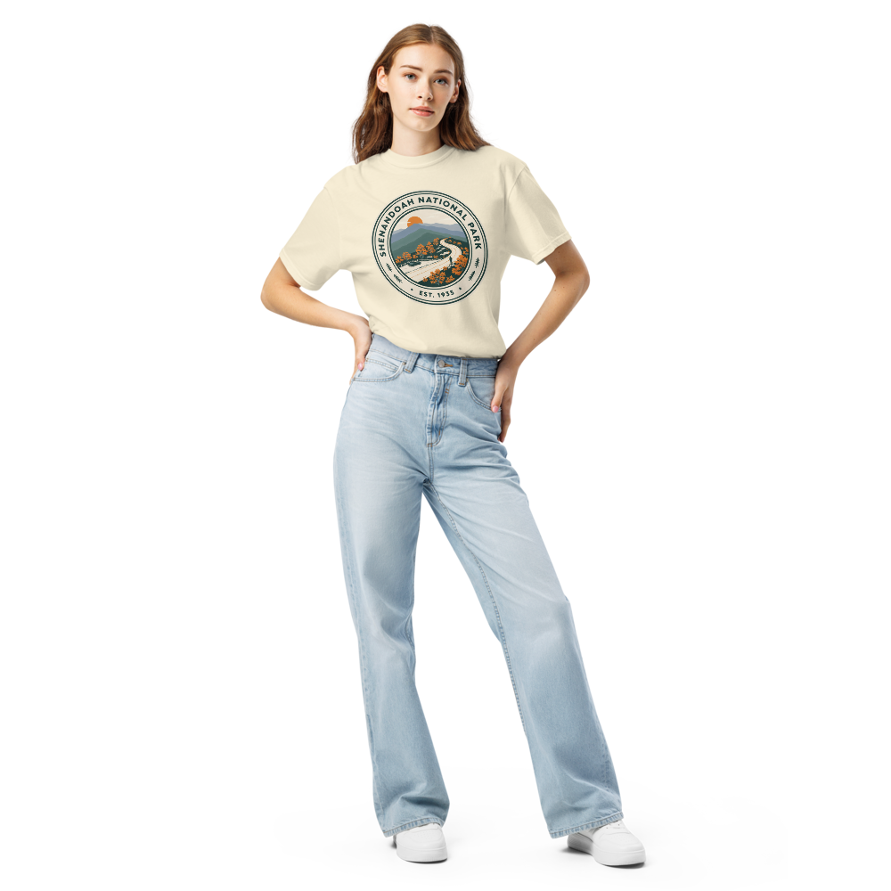 Shenandoah National Park vintage badge t-shirt in Ivory worn by a model, front view