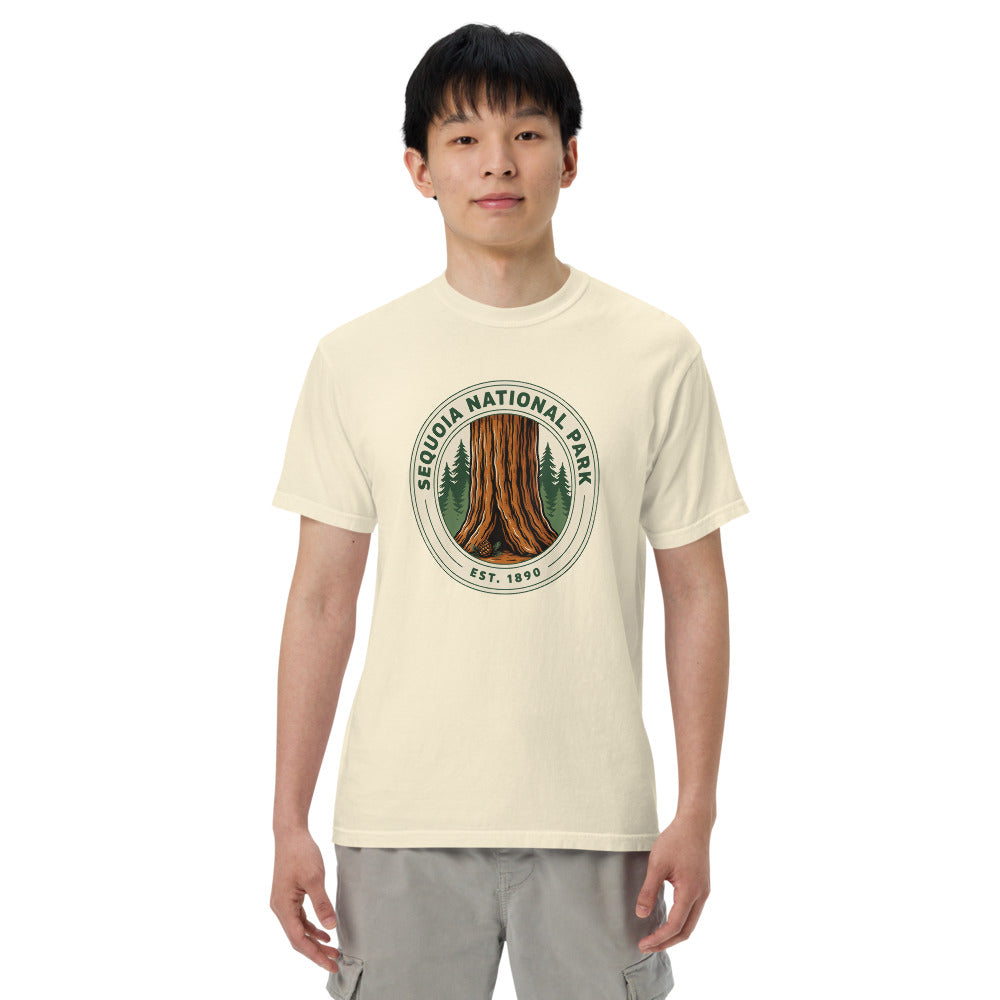 Sequoia National Park badge tee worn by a model in Ivory