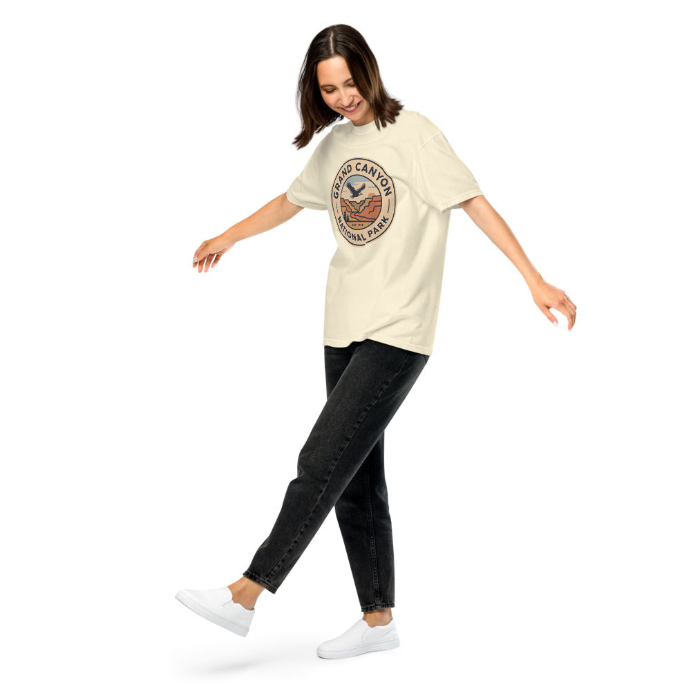 Grand Canyon National Park badge tee worn by a model in Ivory