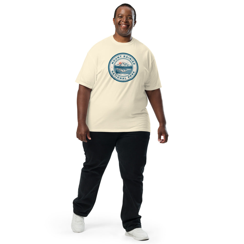 Mount Rainier National Park badge tee worn by a model in Ivory