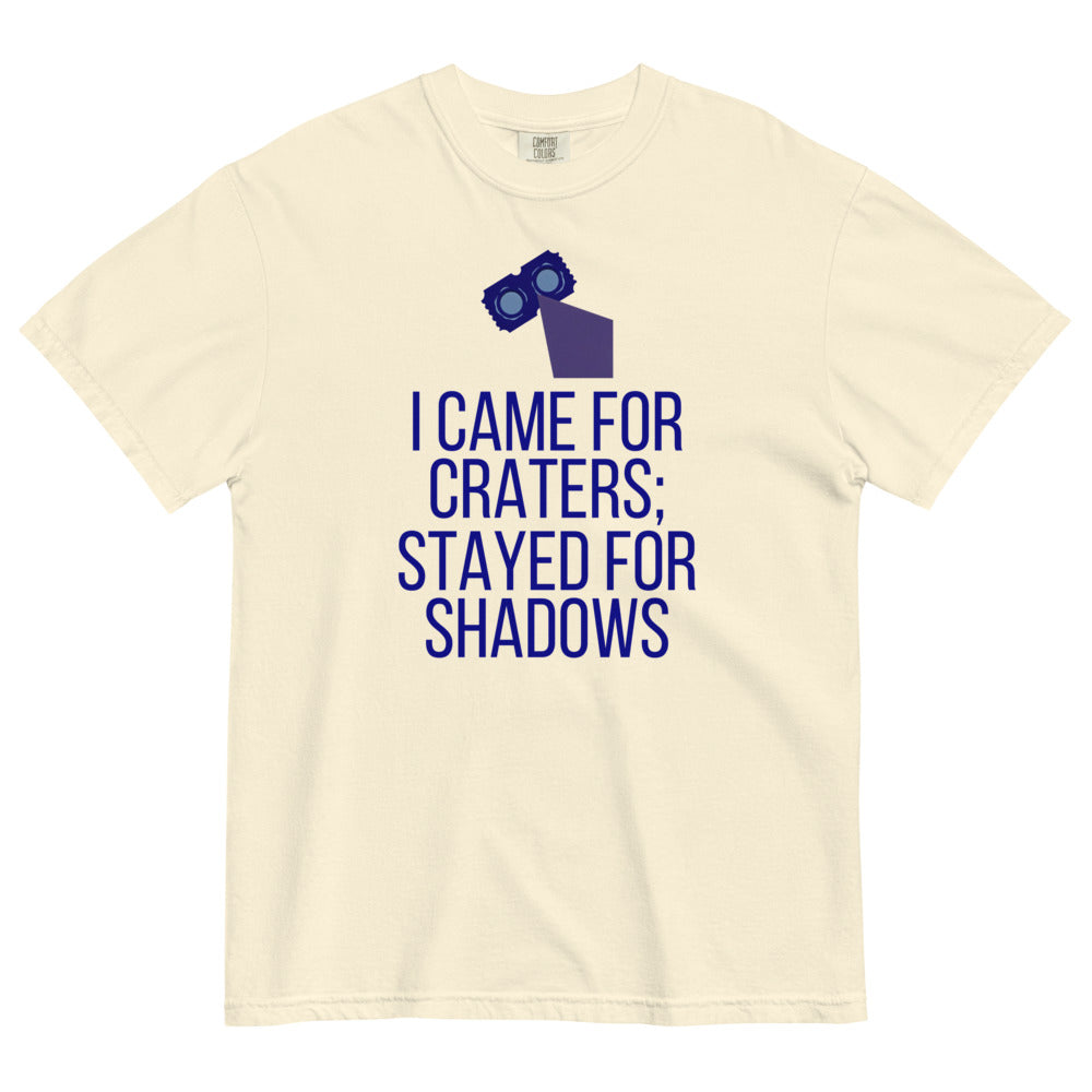 Ivory Came for Craters, Stayed for Shadows tee laid flat, front view showing the full print