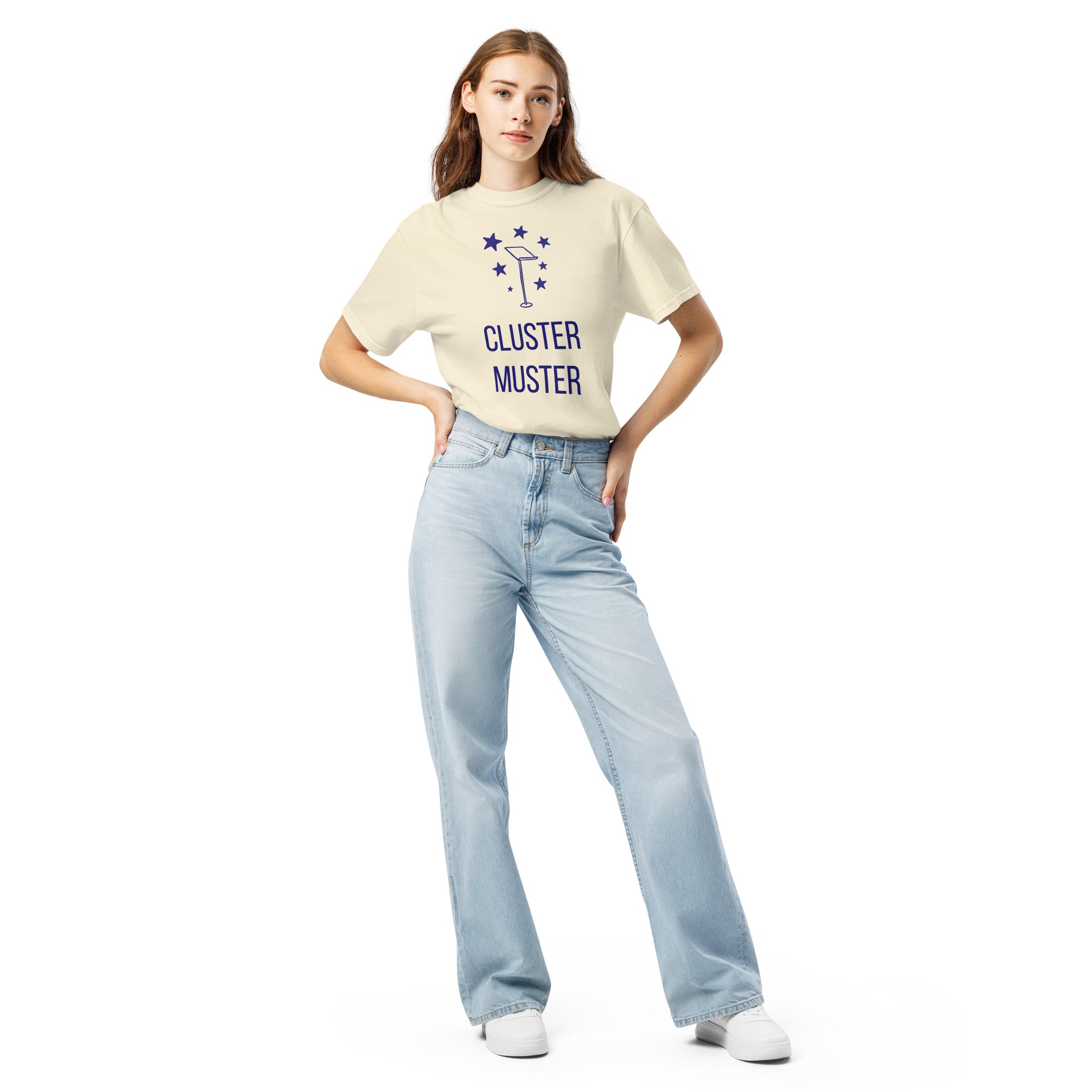Full-length front view of a woman in the Ivory Cluster Muster star cluster shirt with light jeans