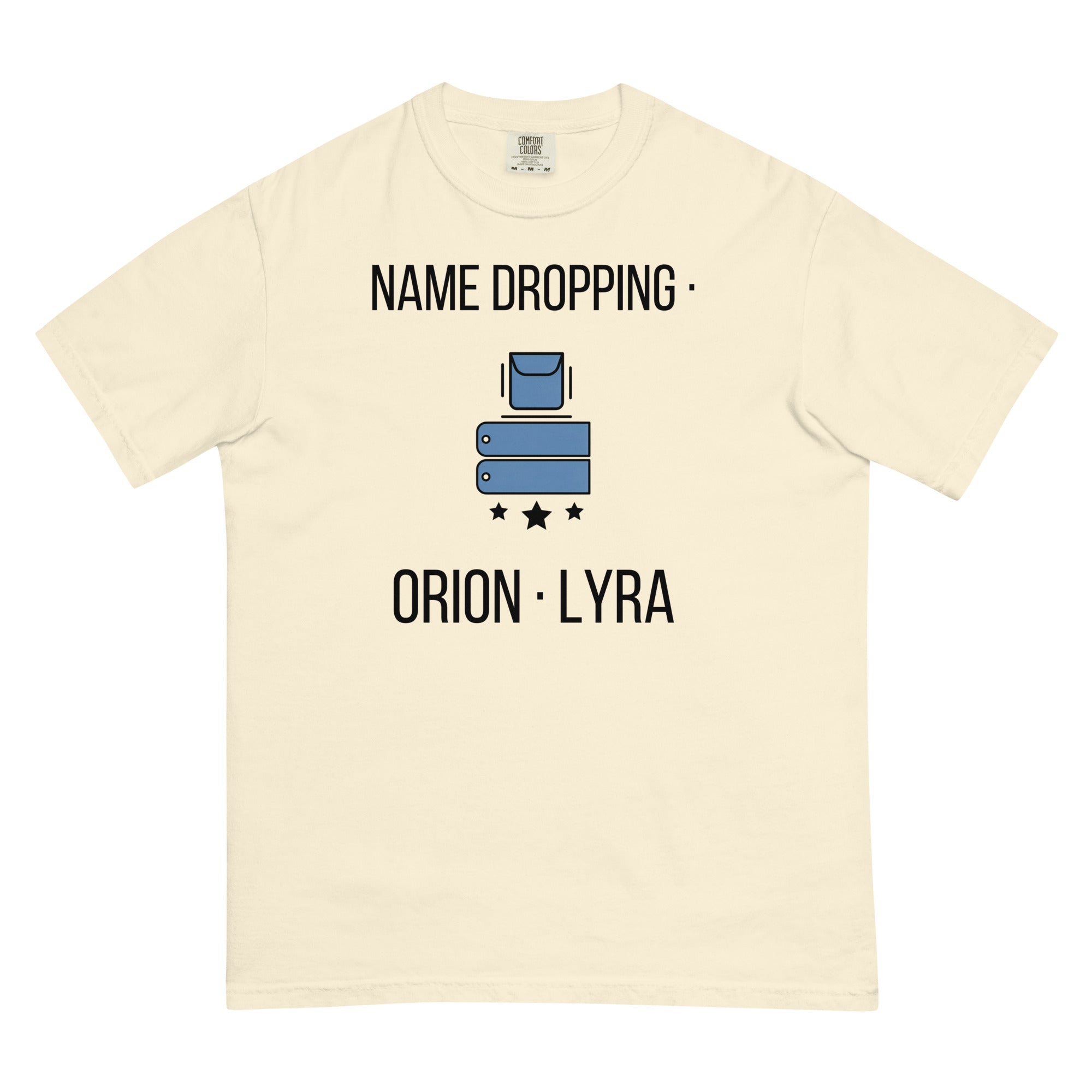 Ivory Name Dropping orion constellation tee laid flat, front view showing the full print