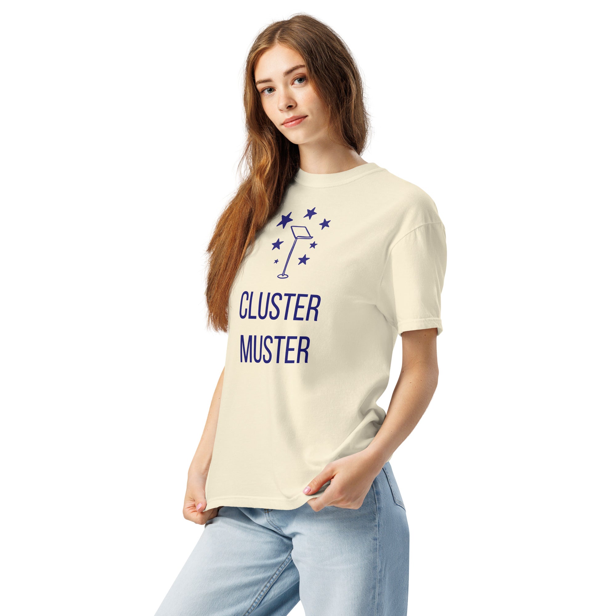 Angled front view of a woman in the Ivory Cluster Muster star cluster shirt