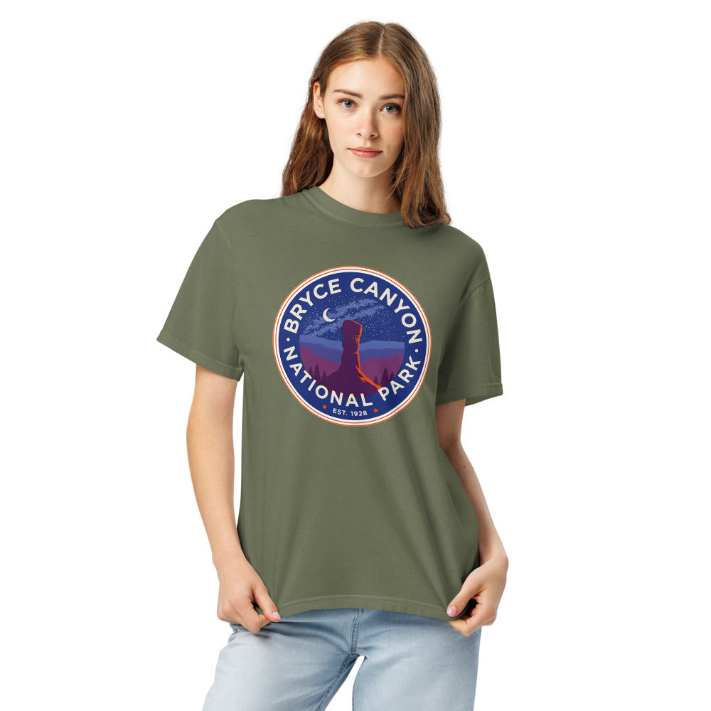 Bryce Canyon National Park badge tee worn by a model in Moss, side angle