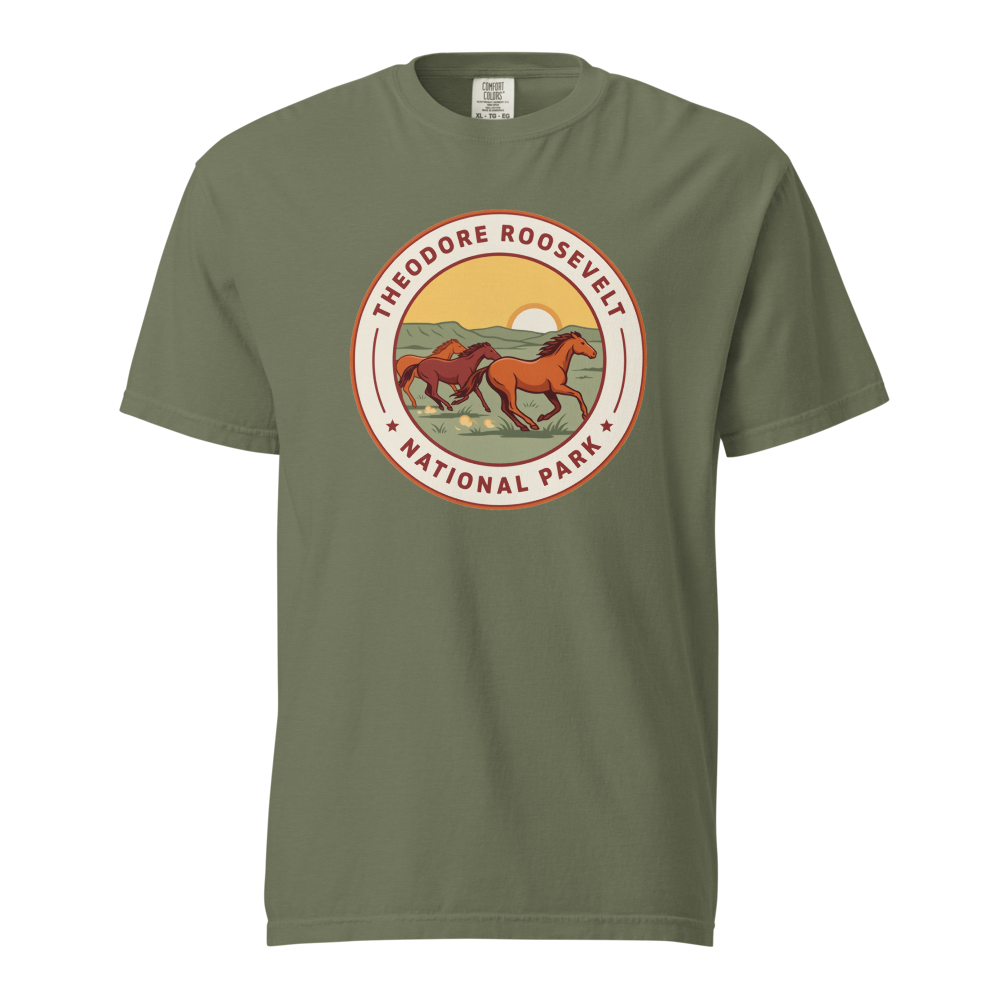 Theodore Roosevelt National Park vintage badge t-shirt in Moss, front view