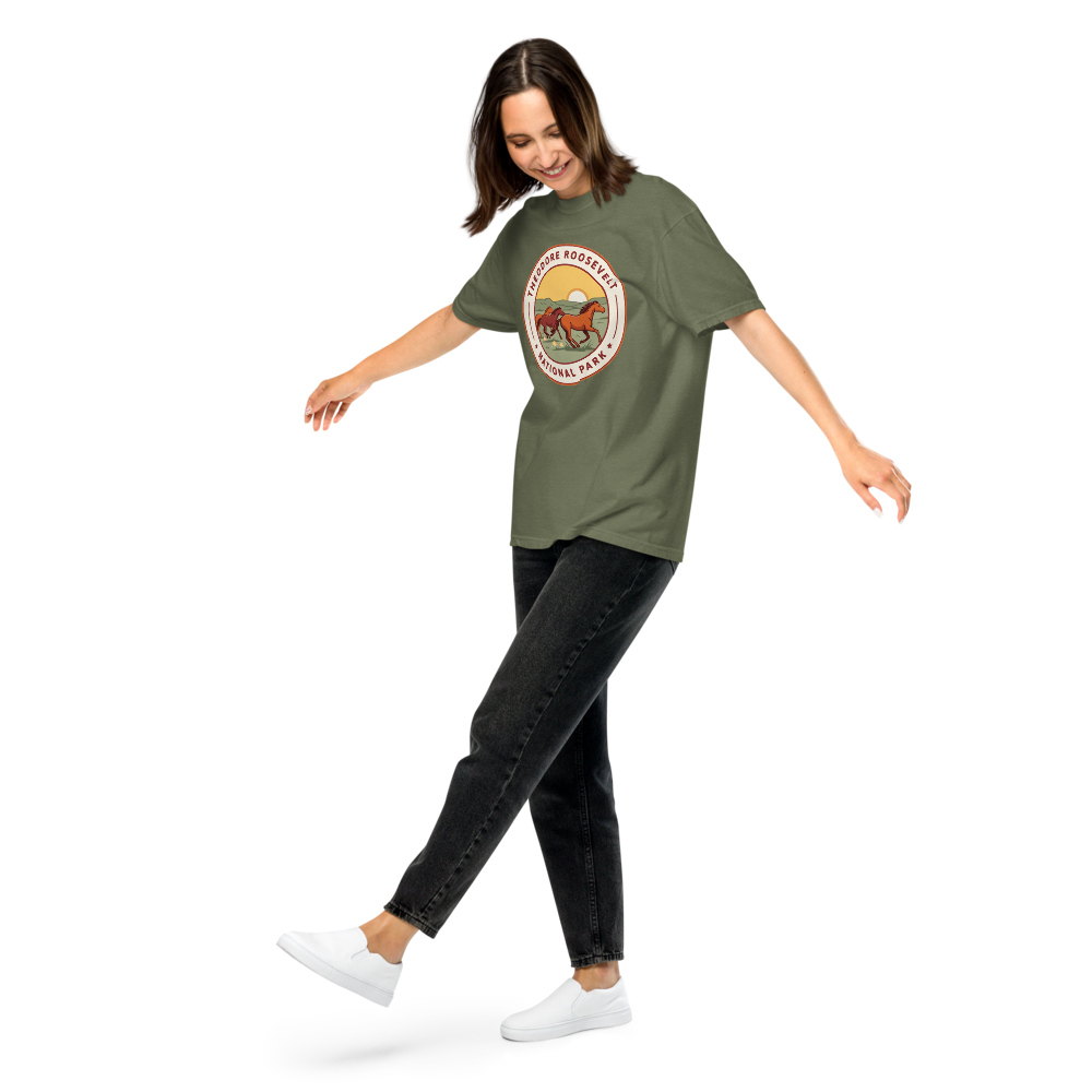 Theodore Roosevelt National Park vintage badge t-shirt in Moss worn by a model, front view