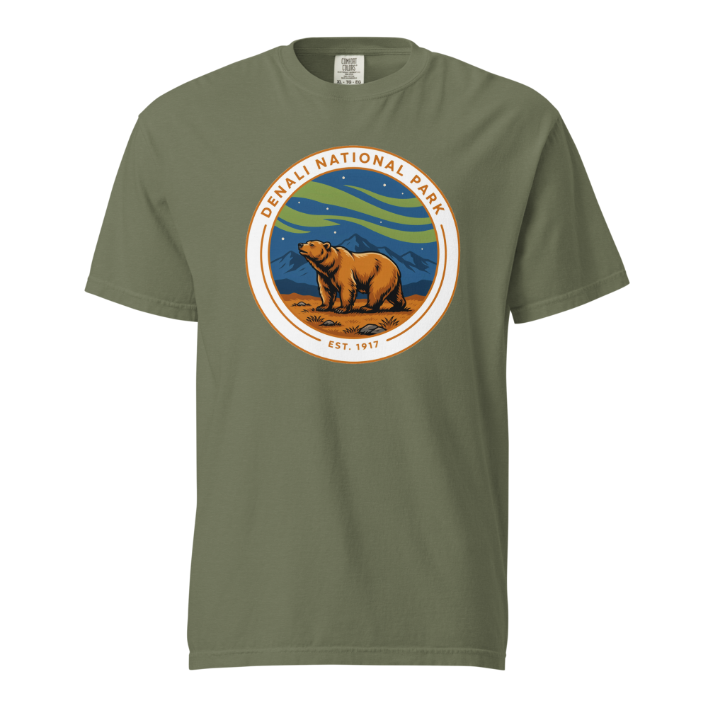 Denali National Park vintage badge t-shirt in Moss, front view