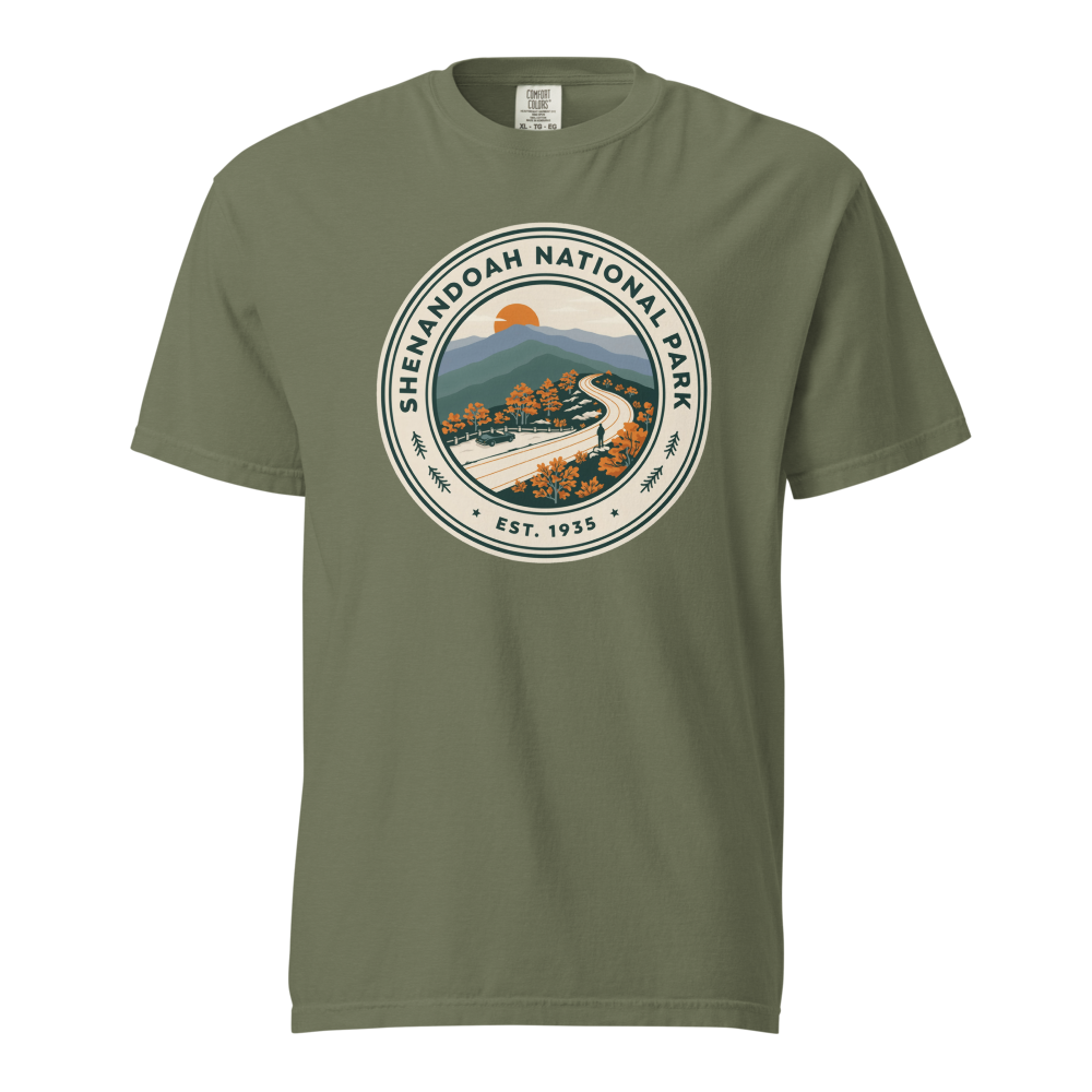 Shenandoah National Park vintage badge t-shirt in Moss, front view