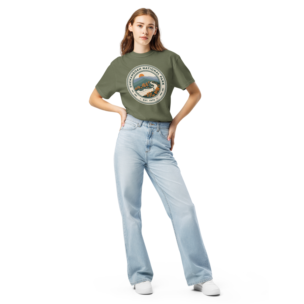 Shenandoah National Park vintage badge t-shirt in Moss worn by a model, front view