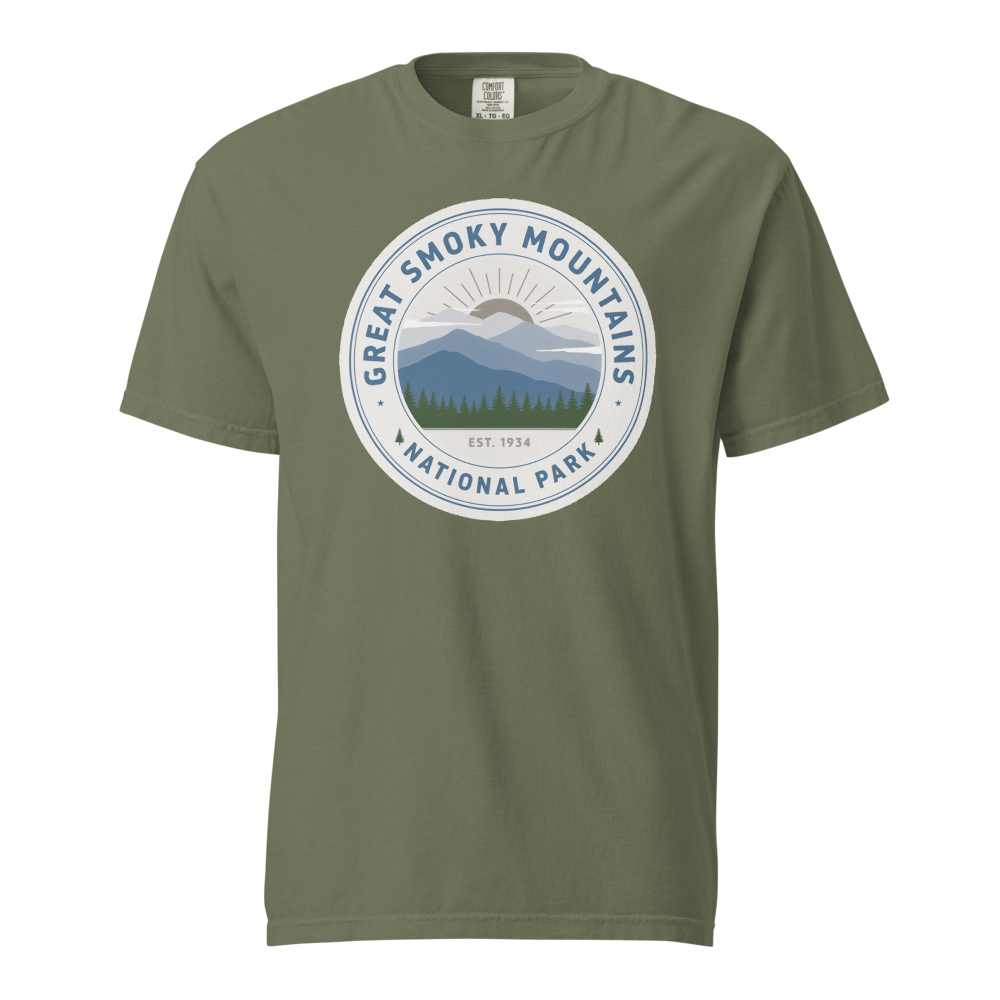 Great Smoky Mountains National Park vintage badge t-shirt in Moss, front view