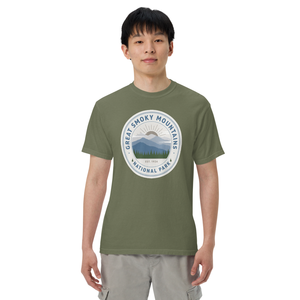 Great Smoky Mountains National Park vintage badge t-shirt in Moss worn by a model, front view