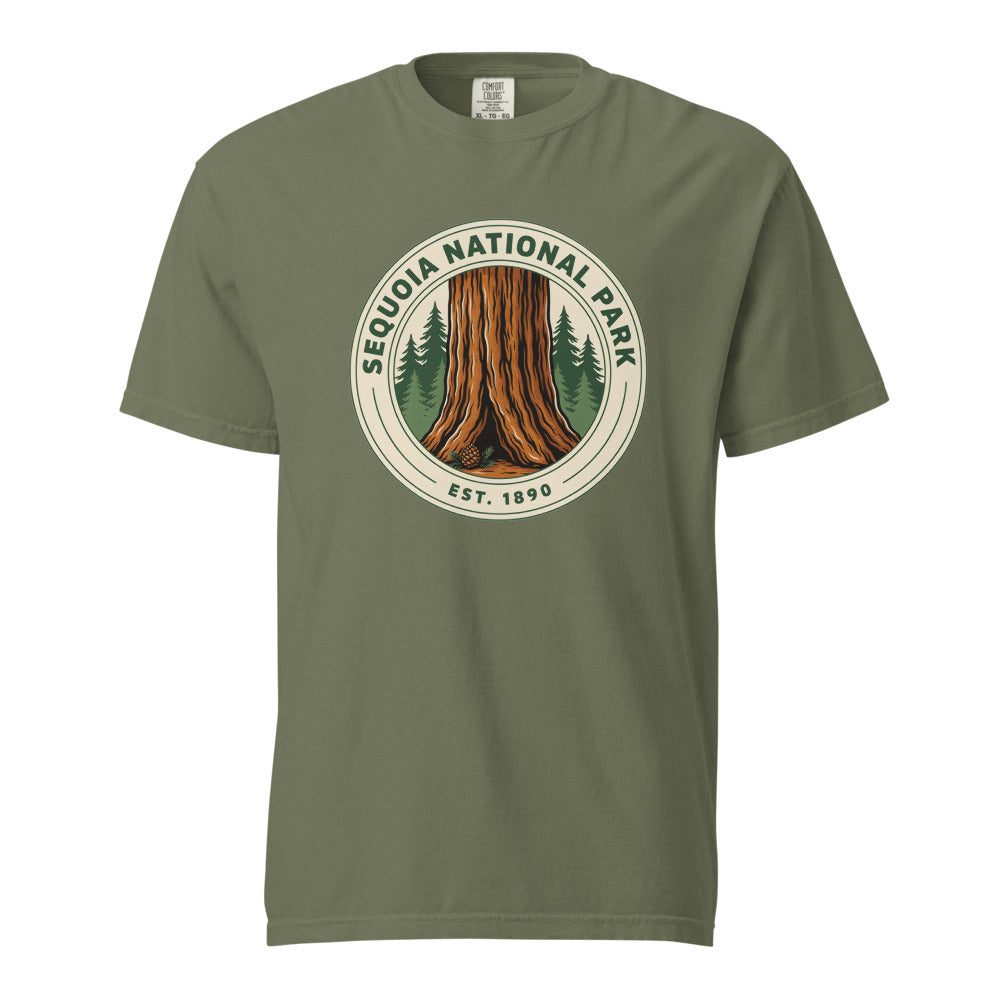 Sequoia National Park vintage badge t-shirt in Moss, front view