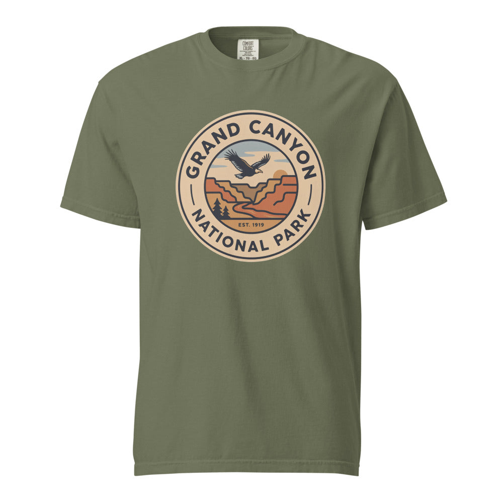 Grand Canyon National Park vintage badge t-shirt in Moss, front view