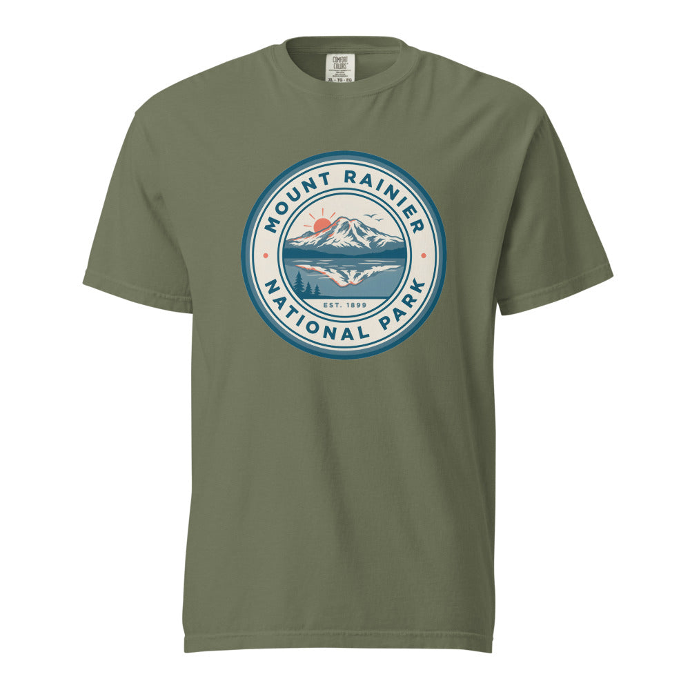 Mount Rainier National Park vintage badge t-shirt in Moss, front view