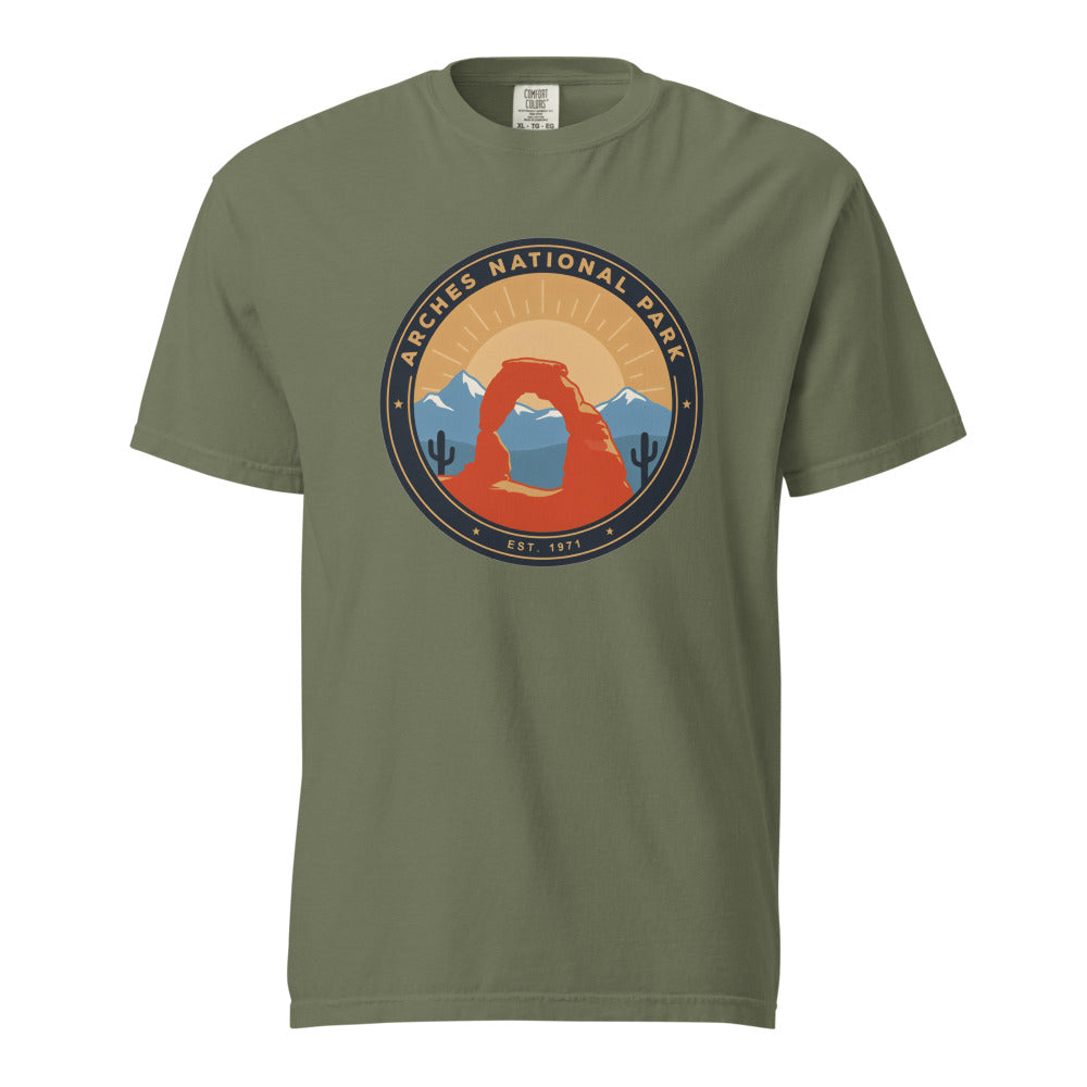 Arches National Park vintage badge t-shirt in Moss, front view