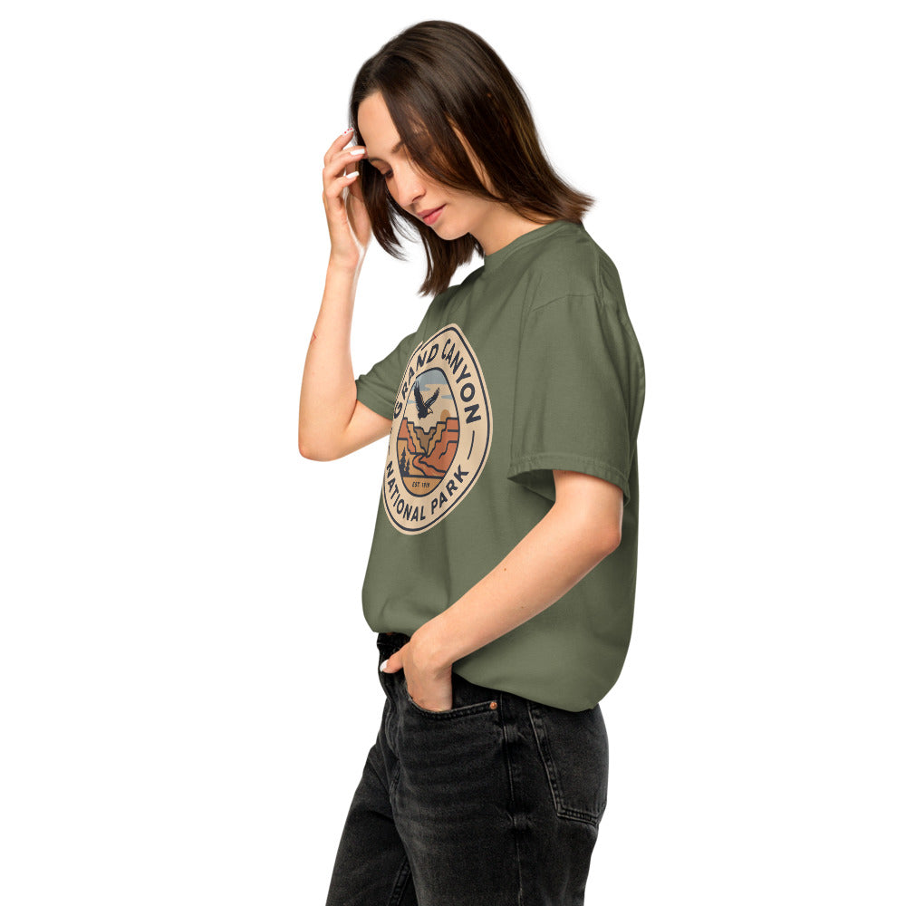 Grand Canyon National Park badge tee worn by a model in Moss, side angle
