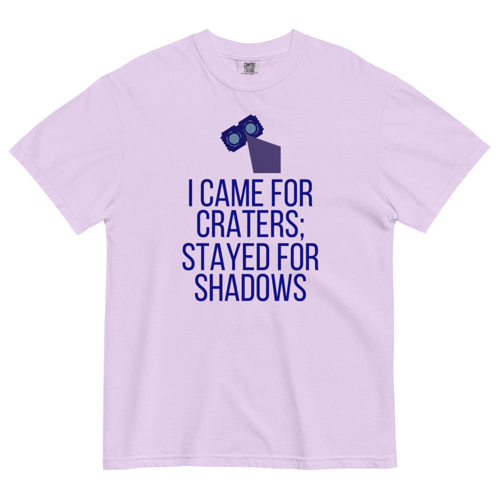 Orchid Came for Craters, Stayed for Shadows tee laid flat, front view showing the full print