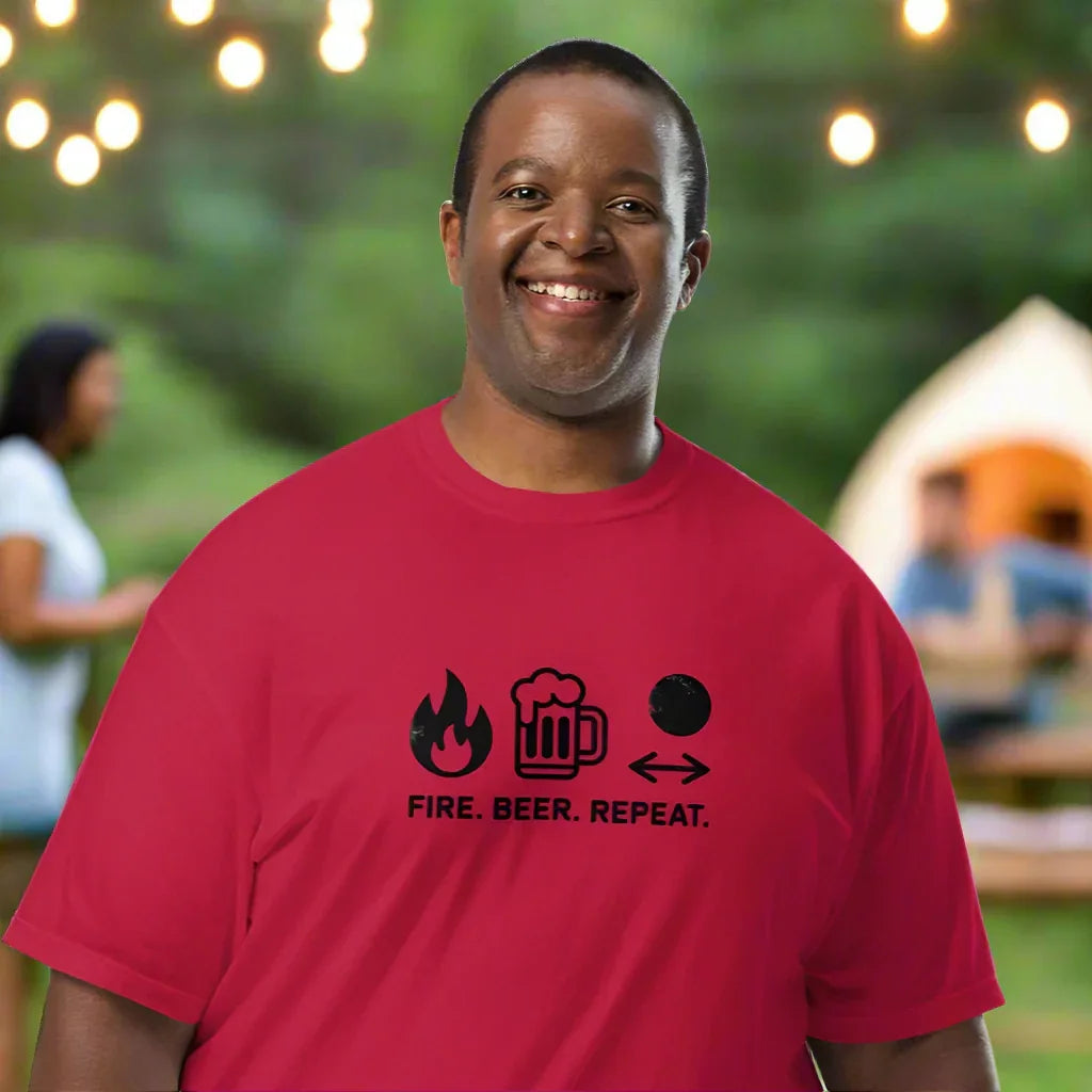 Fire Beer Repeat Camping Tee – Funny Outdoors Graphic Shirt - RaZits