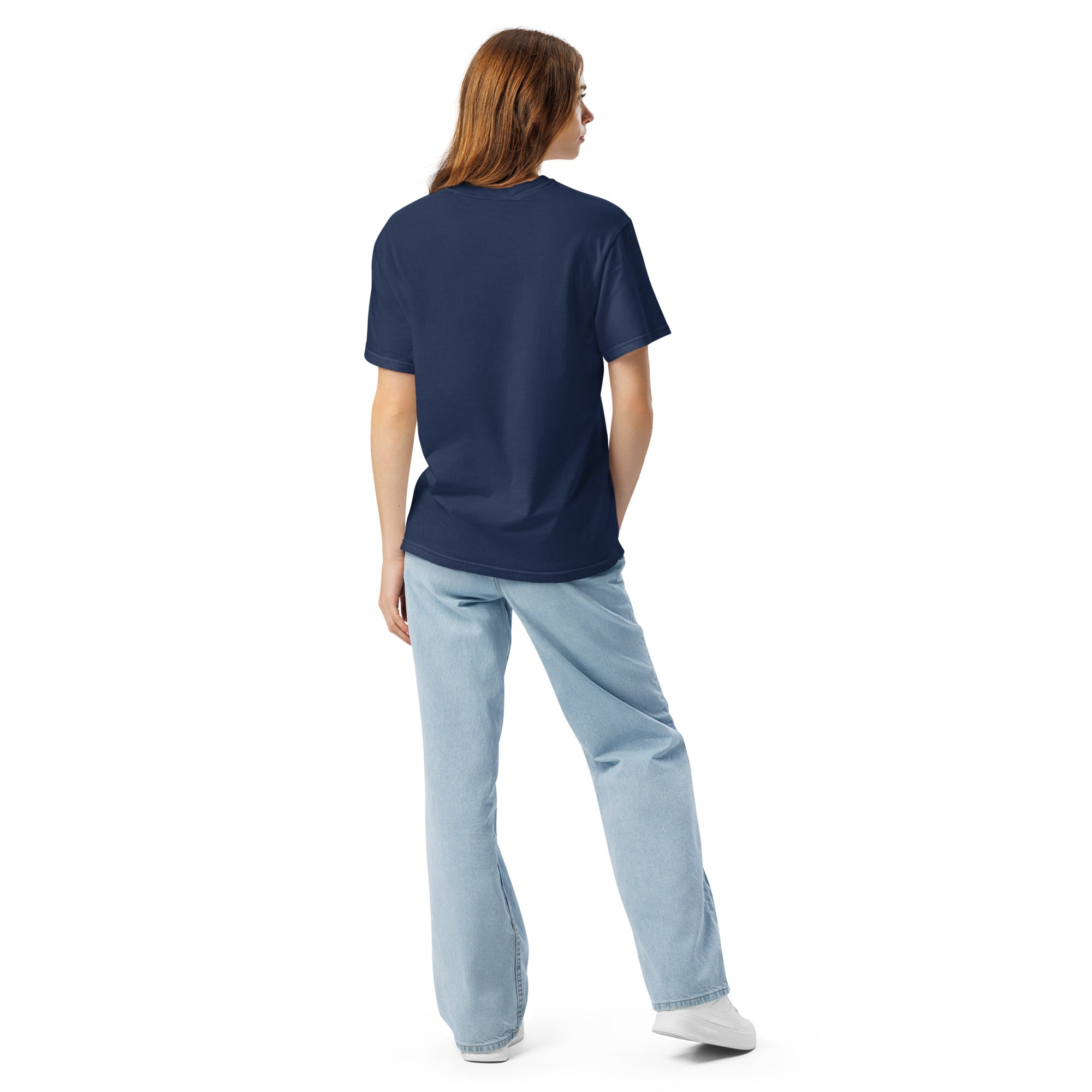 Back view of a woman in the True Navy Filter My Feed nebula shirt, showing the plain back