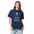 Woman wearing the True Navy Filter My Feed nebula shirt, front close-up with the filter frame and lettering fully visible
