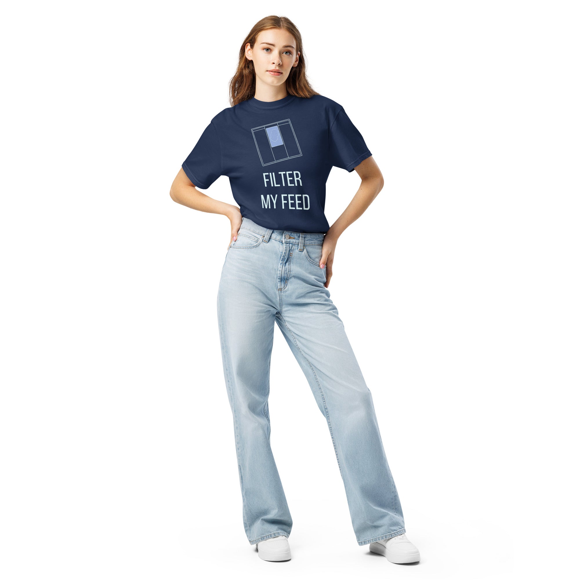 Full-length front view of a woman in the True Navy Filter My Feed nebula shirt with light jeans